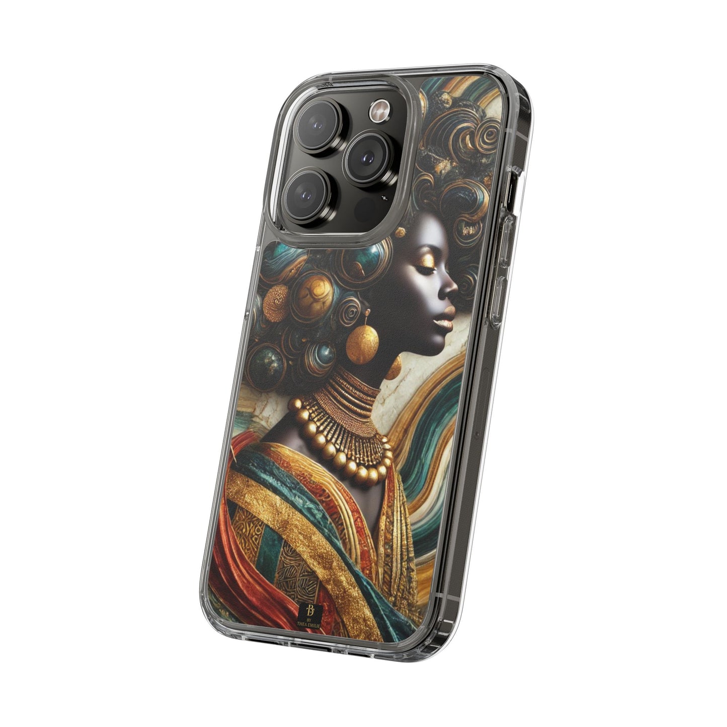 Majestic Queen Clear Phone Case – Afro Art Style with Gold & Teal Accents