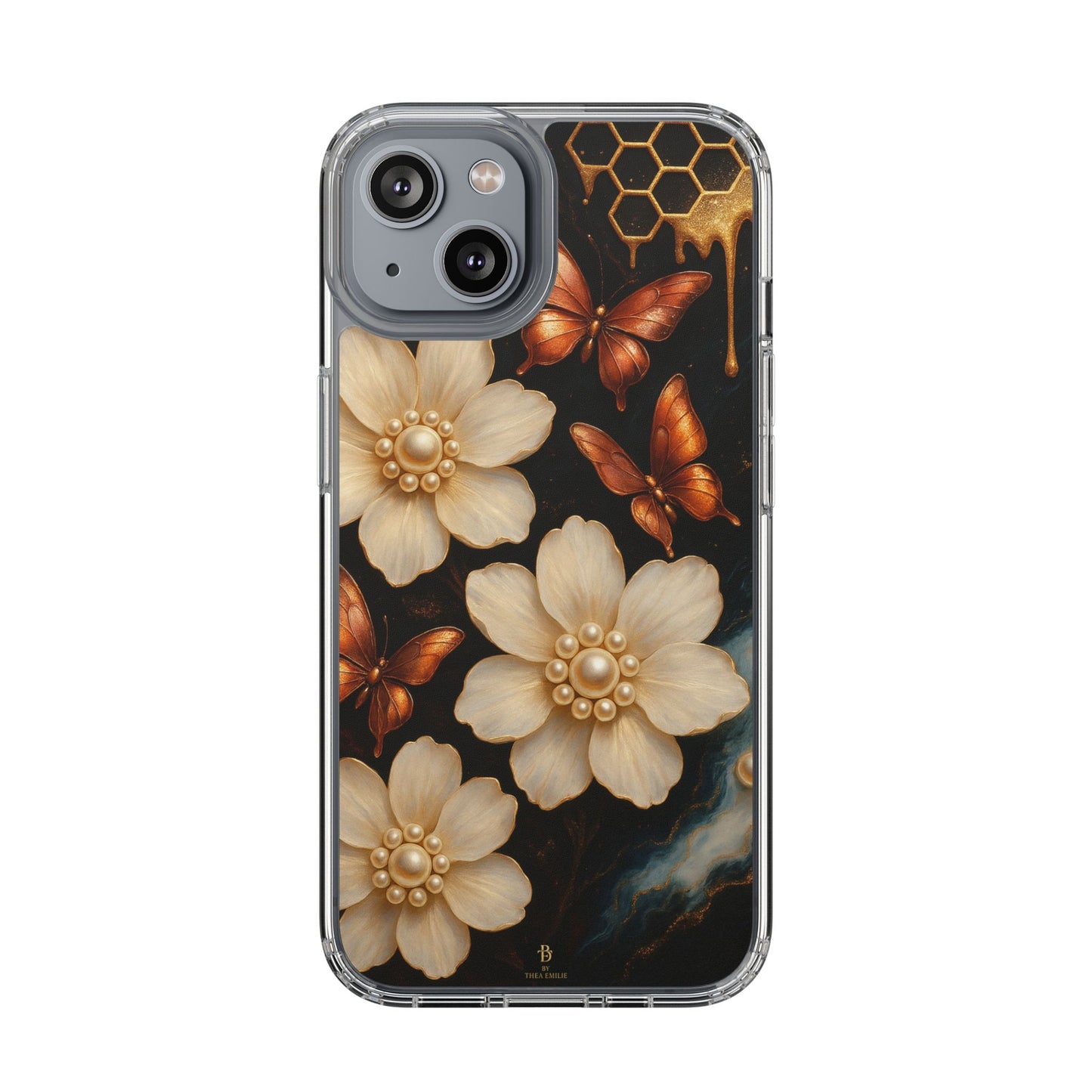 Golden Butterfly & Floral Clear Phone Case – Elegant Pearl & Honeycomb Design for iPhone