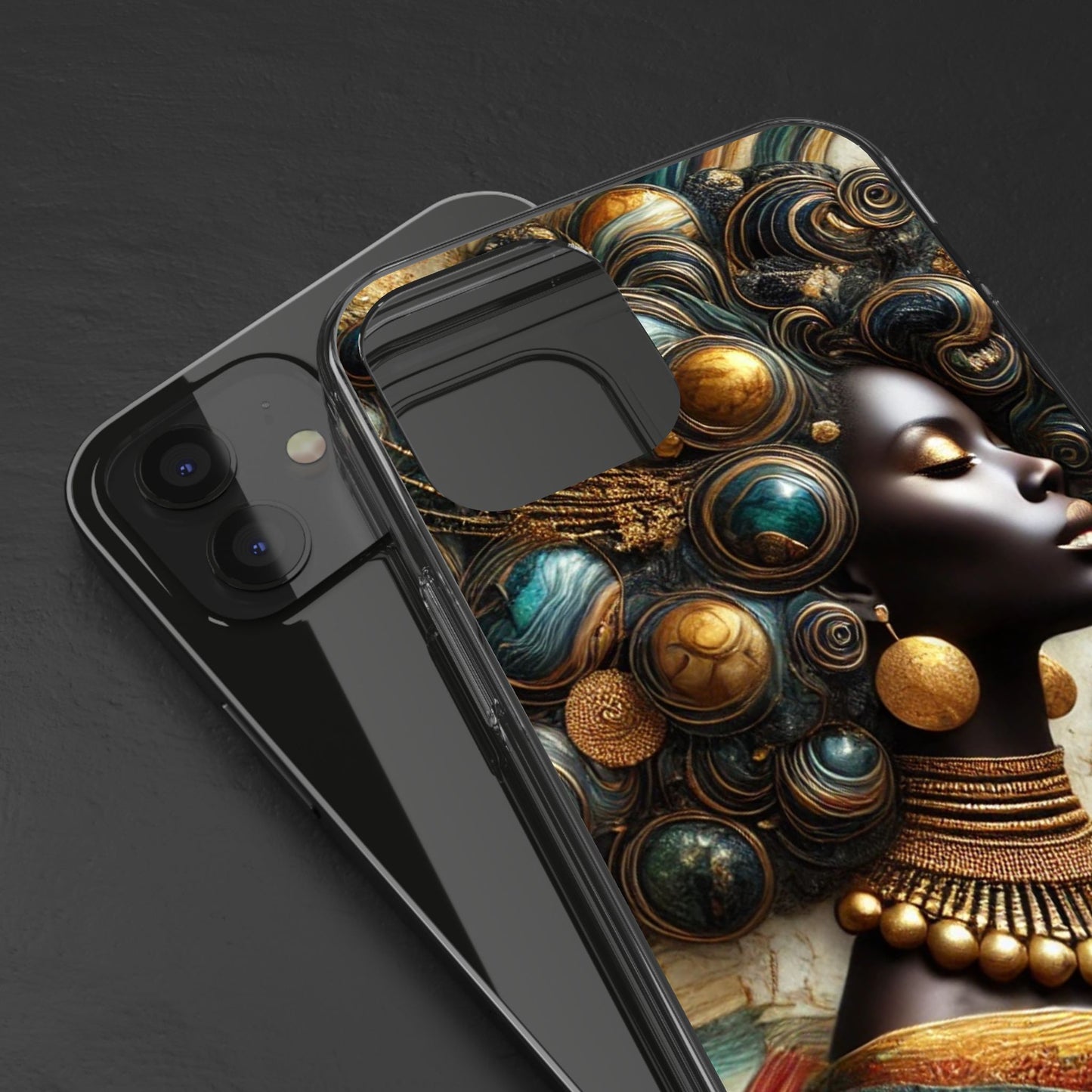 Majestic Queen Clear Phone Case – Afro Art Style with Gold & Teal Accents