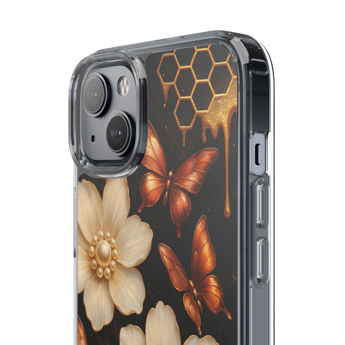 Golden Butterfly & Floral Clear Phone Case – Elegant Pearl & Honeycomb Design for iPhone