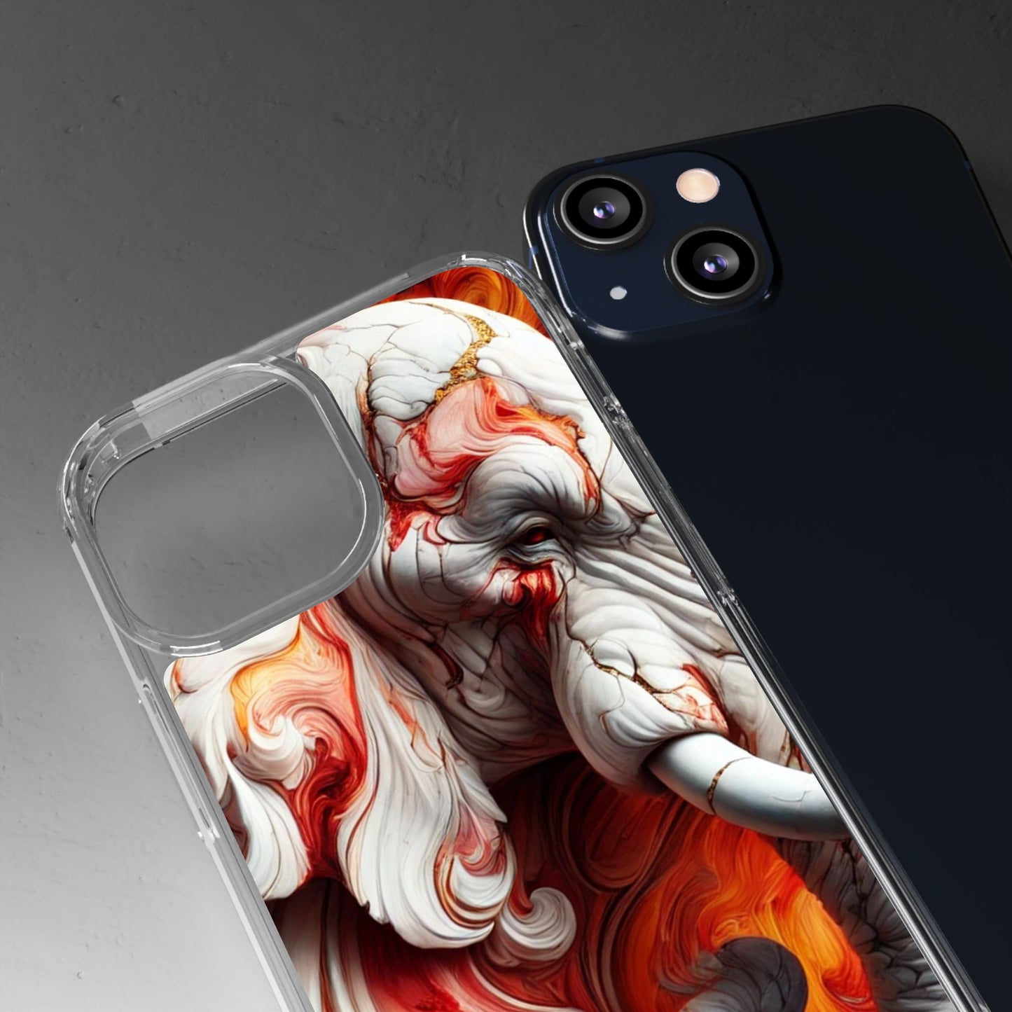 Fiery Marble Elephant Clear Phone Case – Bold Red & Orange Artistic Design for iPhone