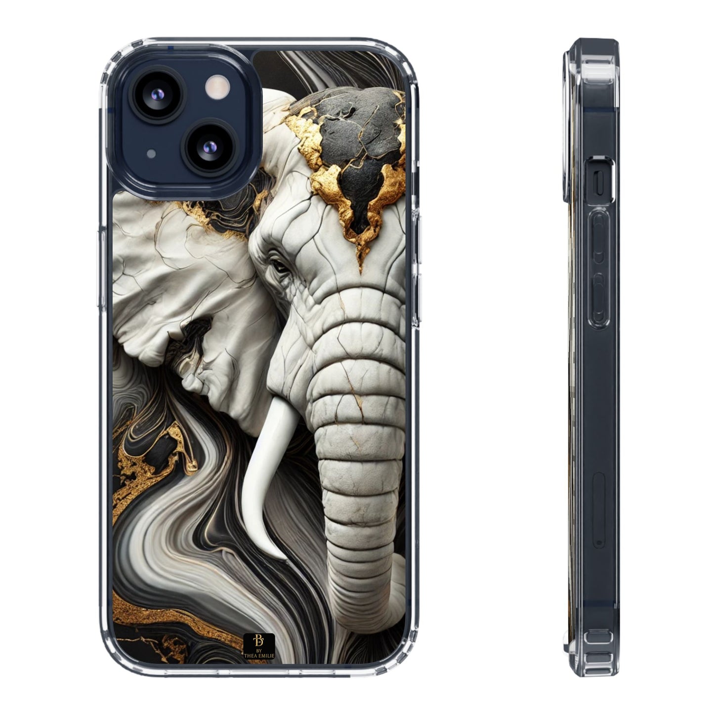 Artistic Elephant Clear Phone Case – Marble & Gold Wildlife Design for iPhone