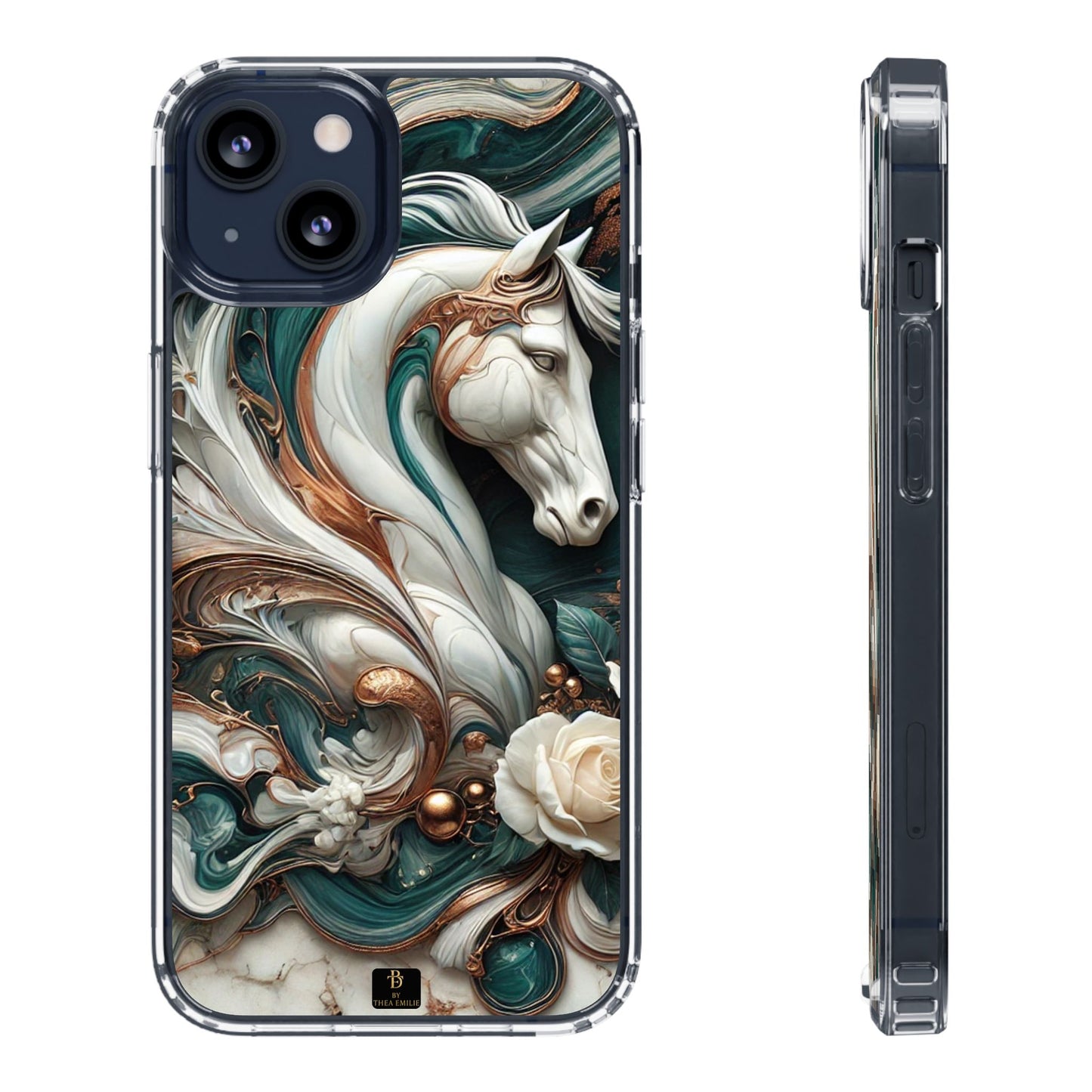 Artistic Horse Clear Phone Case – Teal & Bronze Marble Design with White Rose, Compatible with iPhone