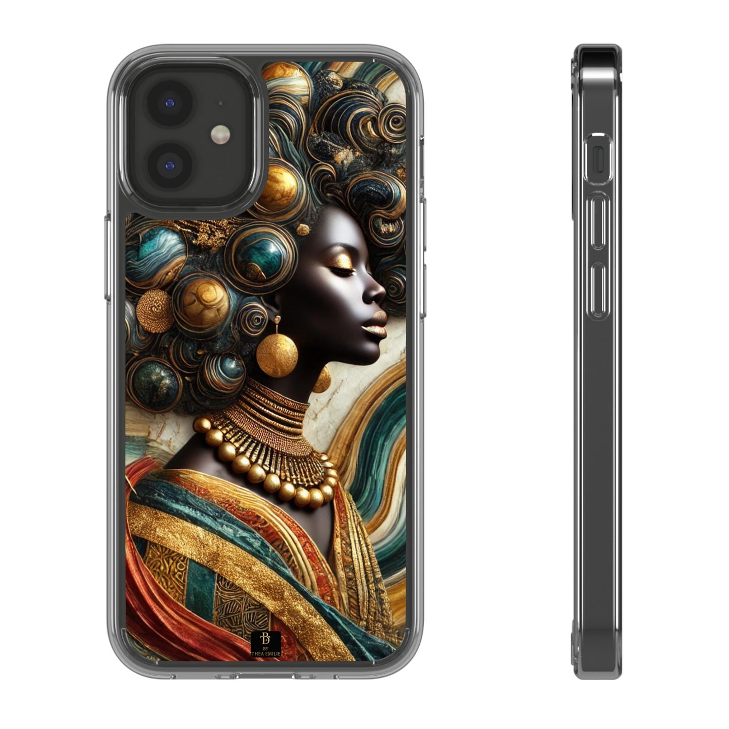 Majestic Queen Clear Phone Case – Afro Art Style with Gold & Teal Accents