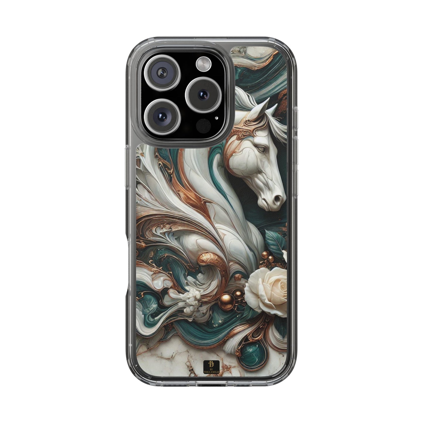 Artistic Horse Clear Phone Case – Teal & Bronze Marble Design with White Rose, Compatible with iPhone