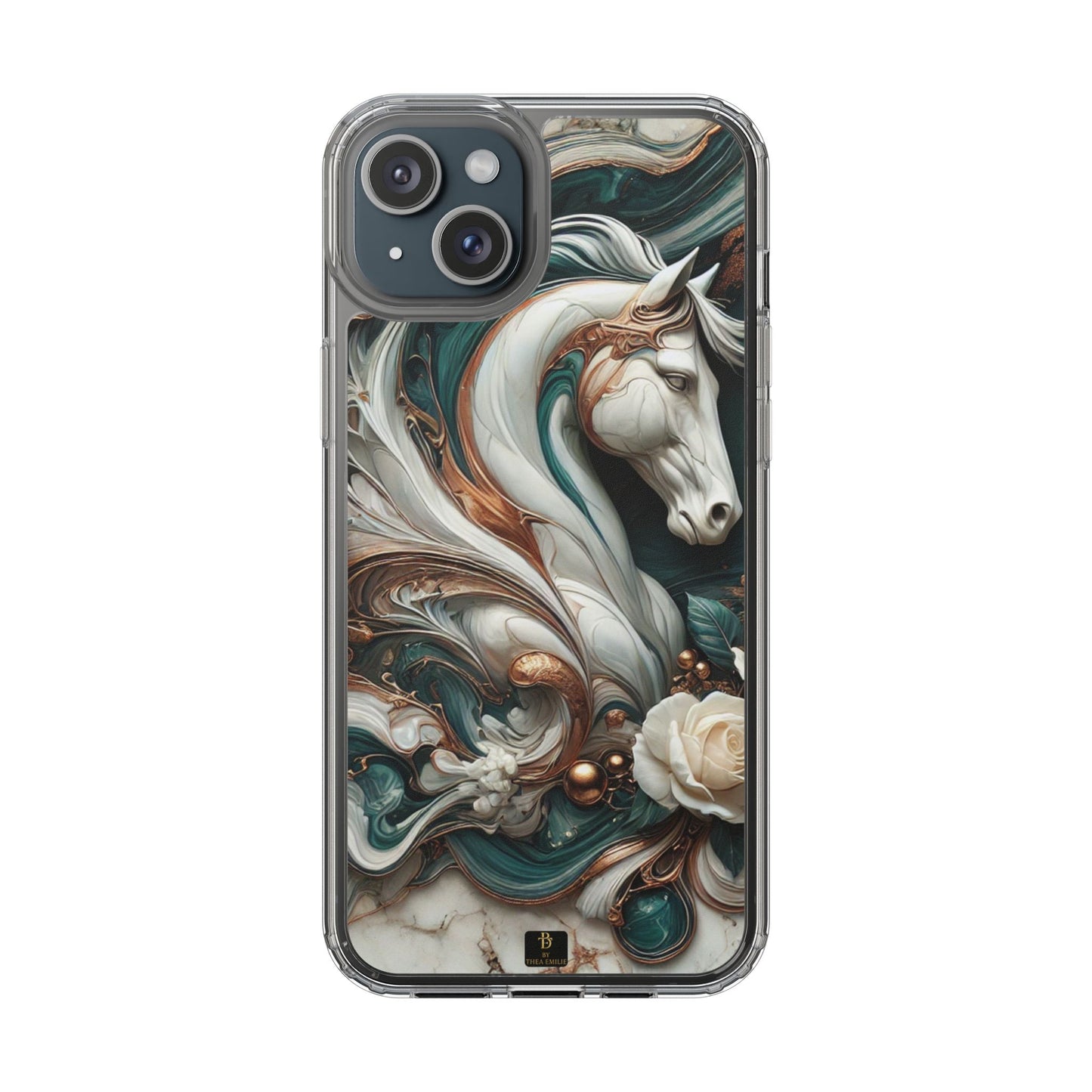 Artistic Horse Clear Phone Case – Teal & Bronze Marble Design with White Rose, Compatible with iPhone
