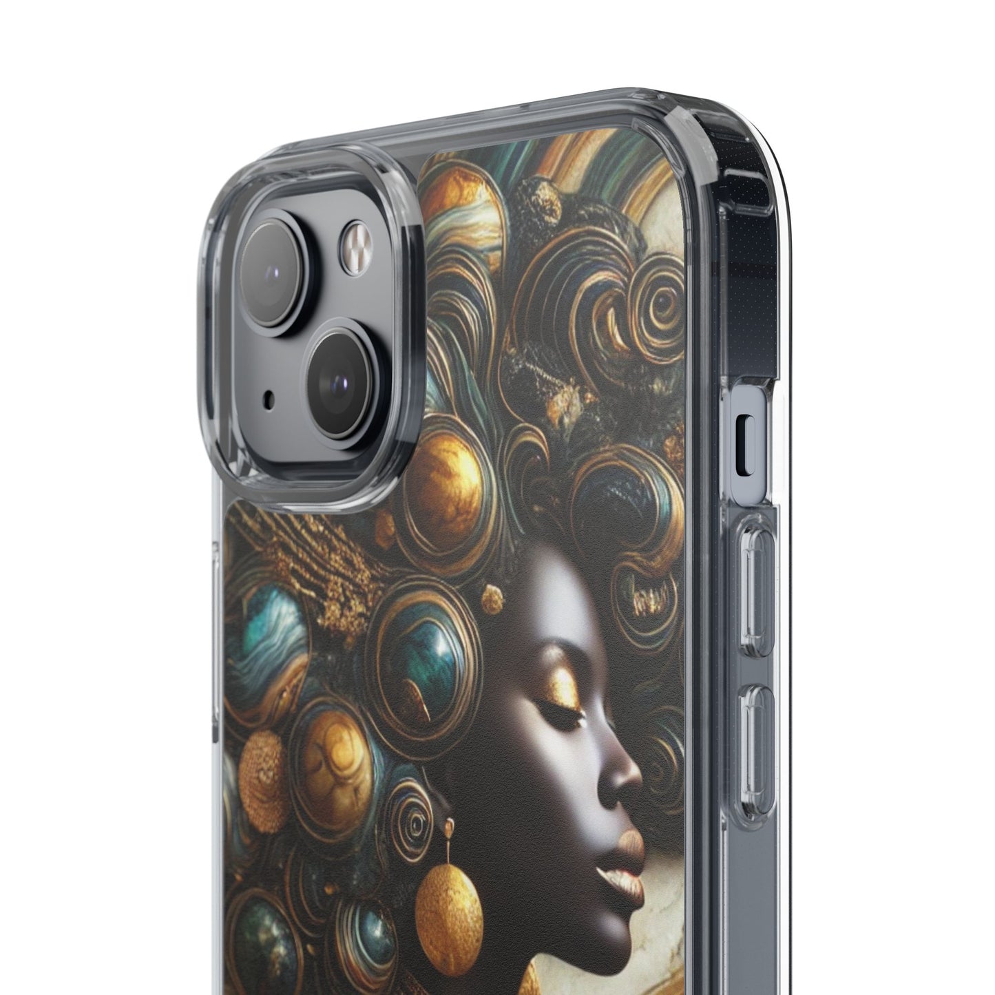 Majestic Queen Clear Phone Case – Afro Art Style with Gold & Teal Accents