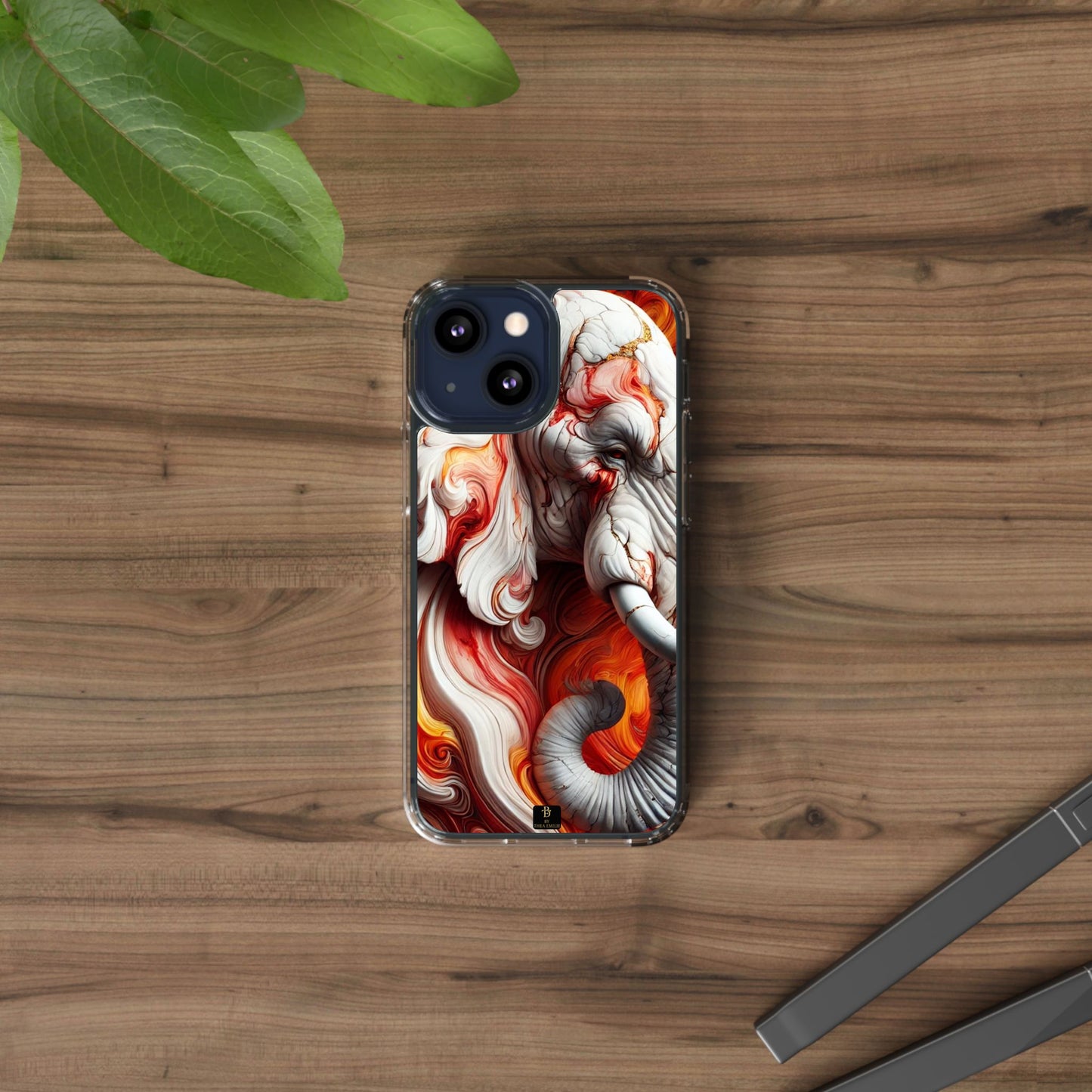 Fiery Marble Elephant Clear Phone Case – Bold Red & Orange Artistic Design for iPhone