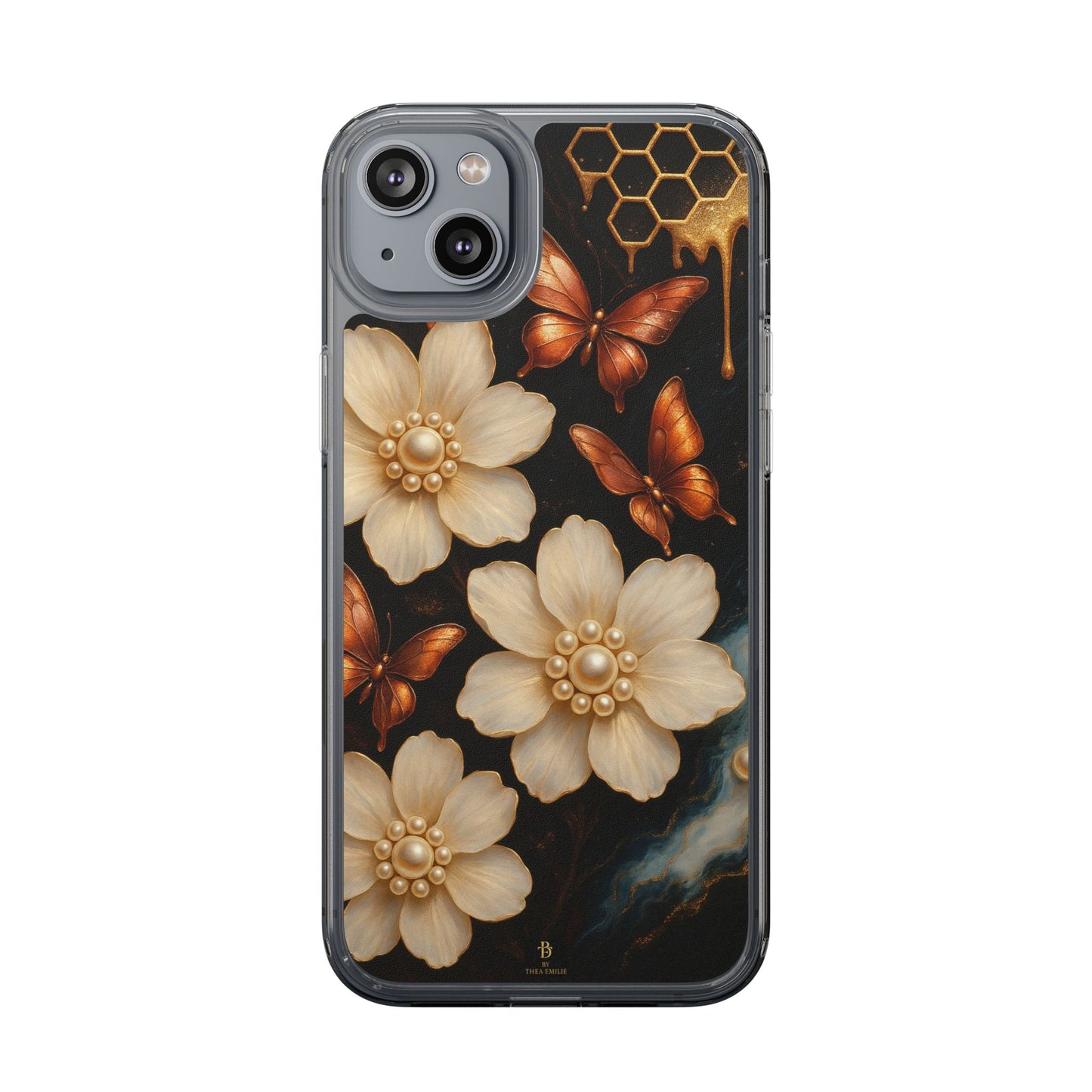 Golden Butterfly & Floral Clear Phone Case – Elegant Pearl & Honeycomb Design for iPhone