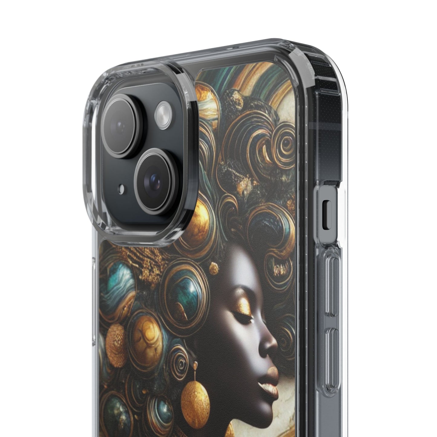 Majestic Queen Clear Phone Case – Afro Art Style with Gold & Teal Accents