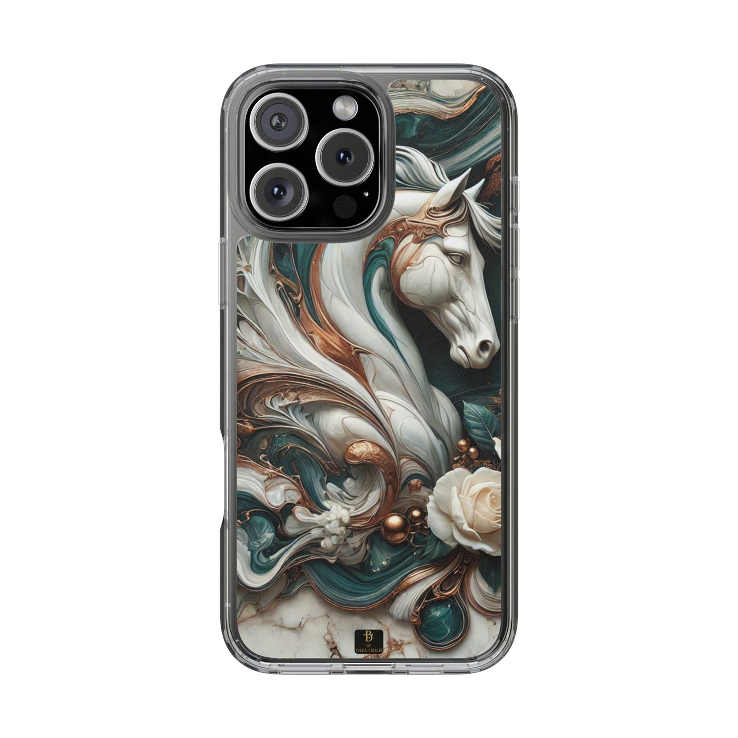Artistic Horse Clear Phone Case – Teal & Bronze Marble Design with White Rose, Compatible with iPhone