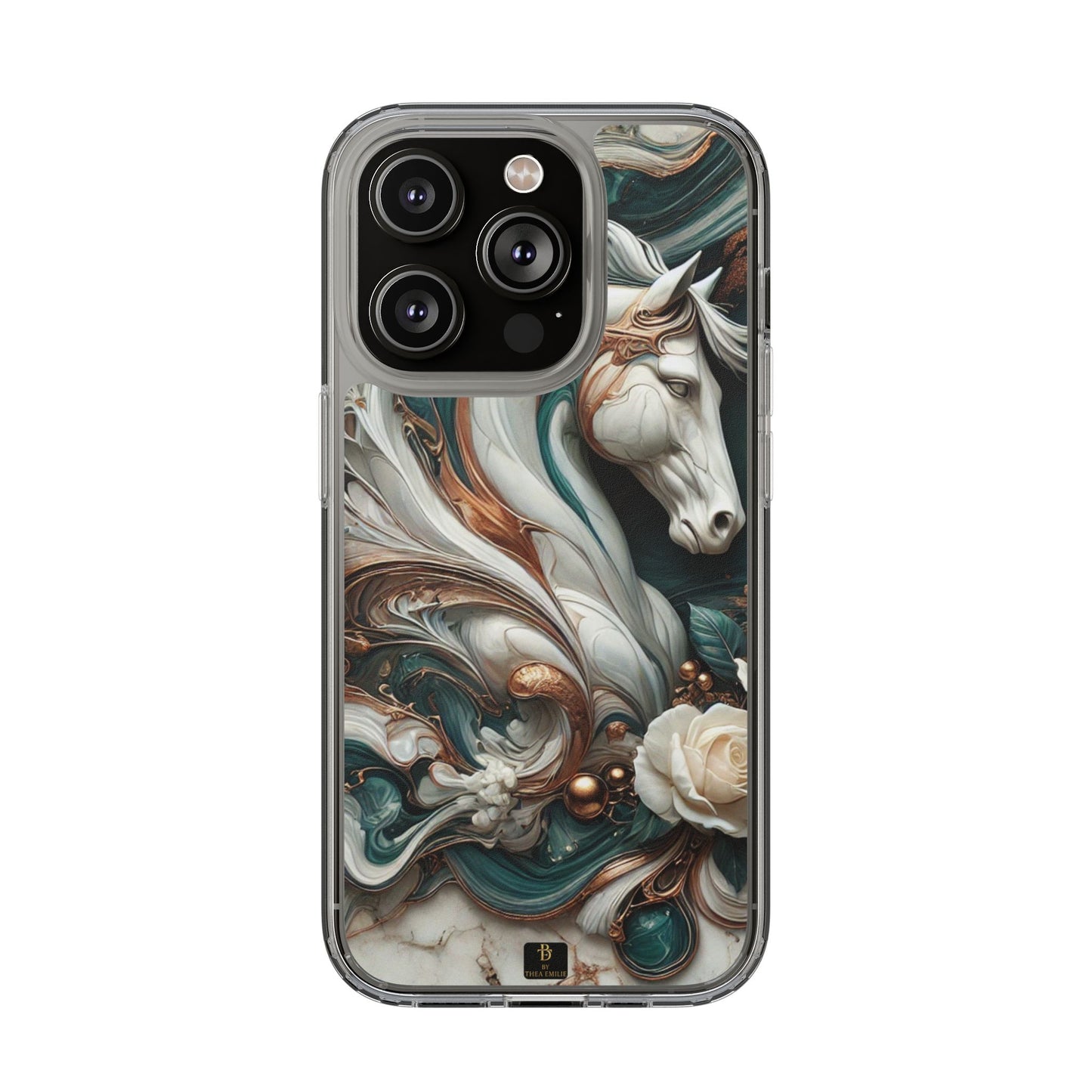 Artistic Horse Clear Phone Case – Teal & Bronze Marble Design with White Rose, Compatible with iPhone