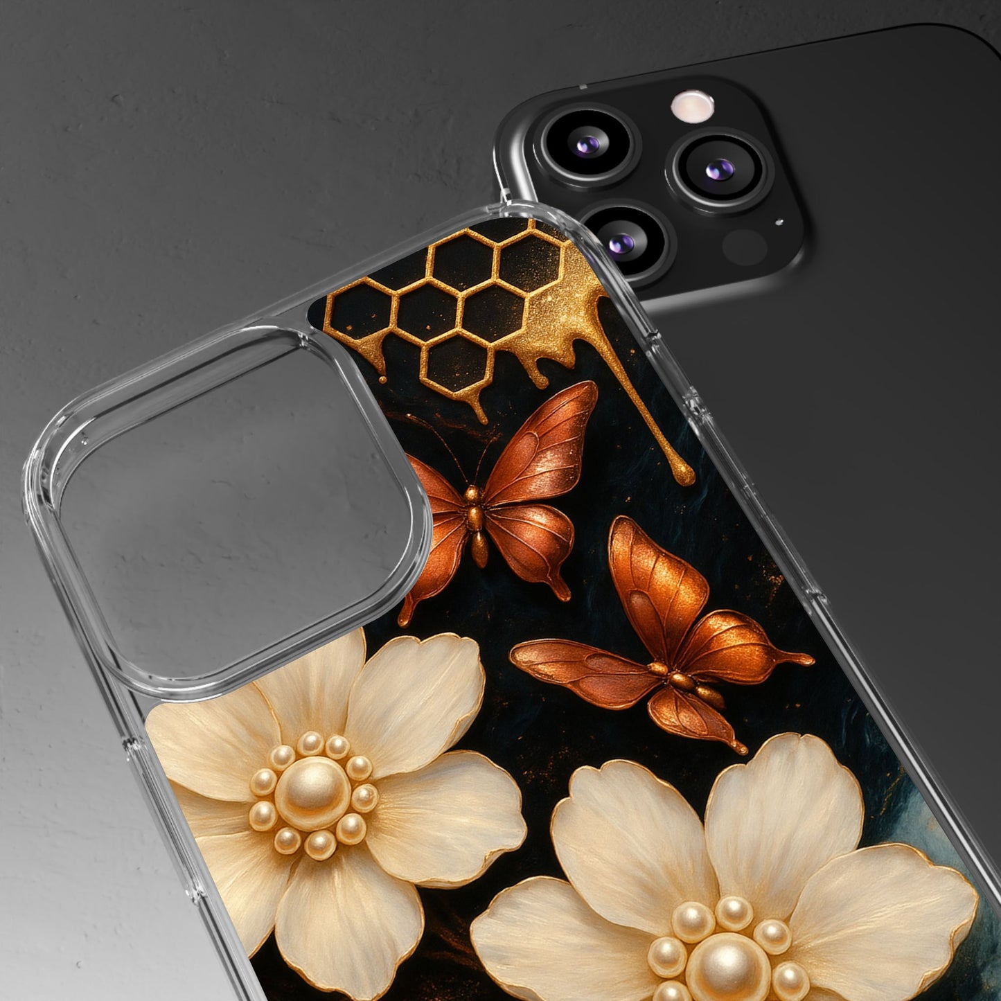 Golden Butterfly & Floral Clear Phone Case – Elegant Pearl & Honeycomb Design for iPhone