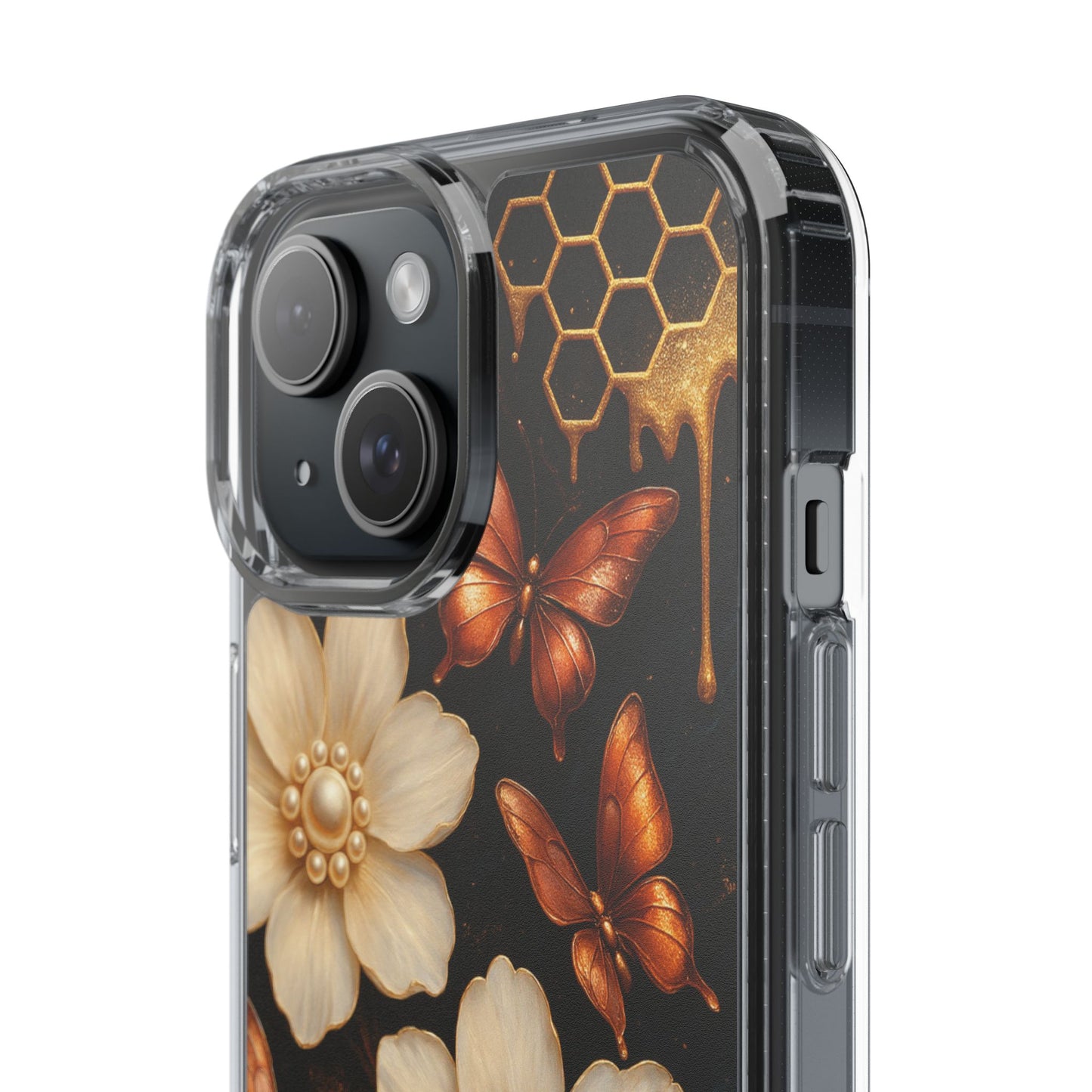 Golden Butterfly & Floral Clear Phone Case – Elegant Pearl & Honeycomb Design for iPhone