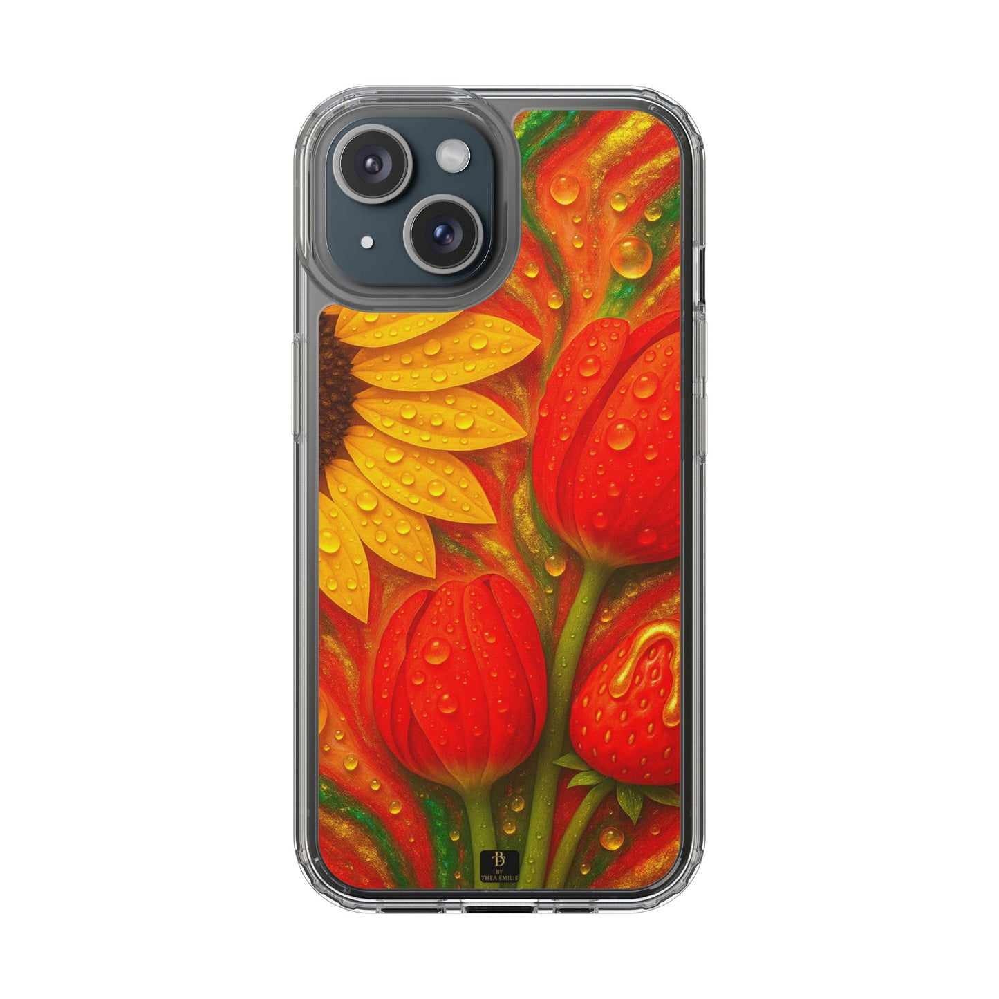 Sunflower Tulips Clear Phone Case - Red Green Gold Marble Design for iPhone