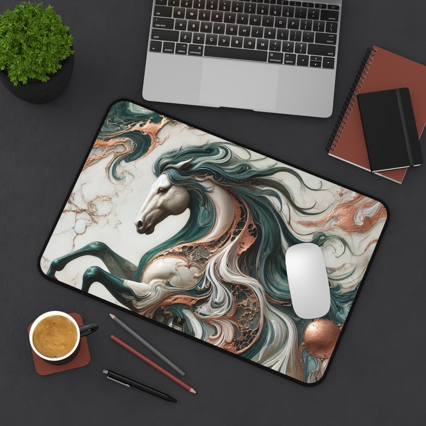 Artistic Horse Marble Desk Mat – Bronze & Green Design, 3 Sizes Available, Elegant Office Decor