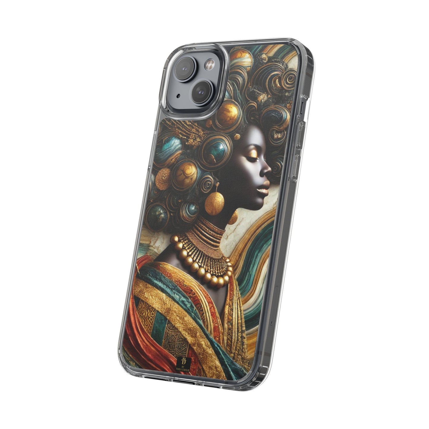 Majestic Queen Clear Phone Case – Afro Art Style with Gold & Teal Accents