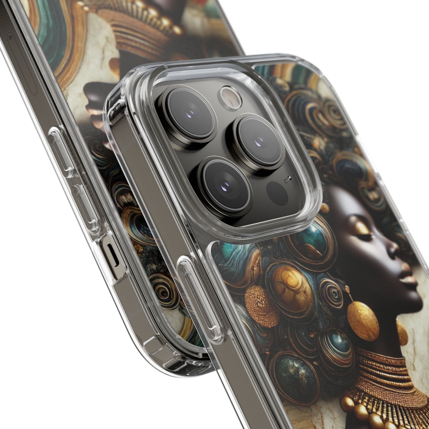Majestic Queen Clear Phone Case – Afro Art Style with Gold & Teal Accents