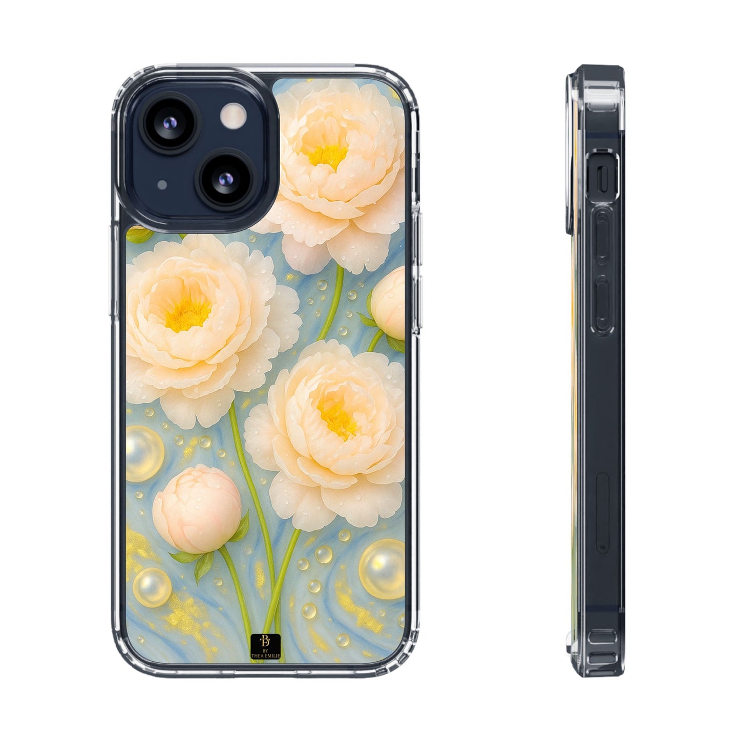 Peonies Marble Phone Case – Blue, White & Gold Artistic Design