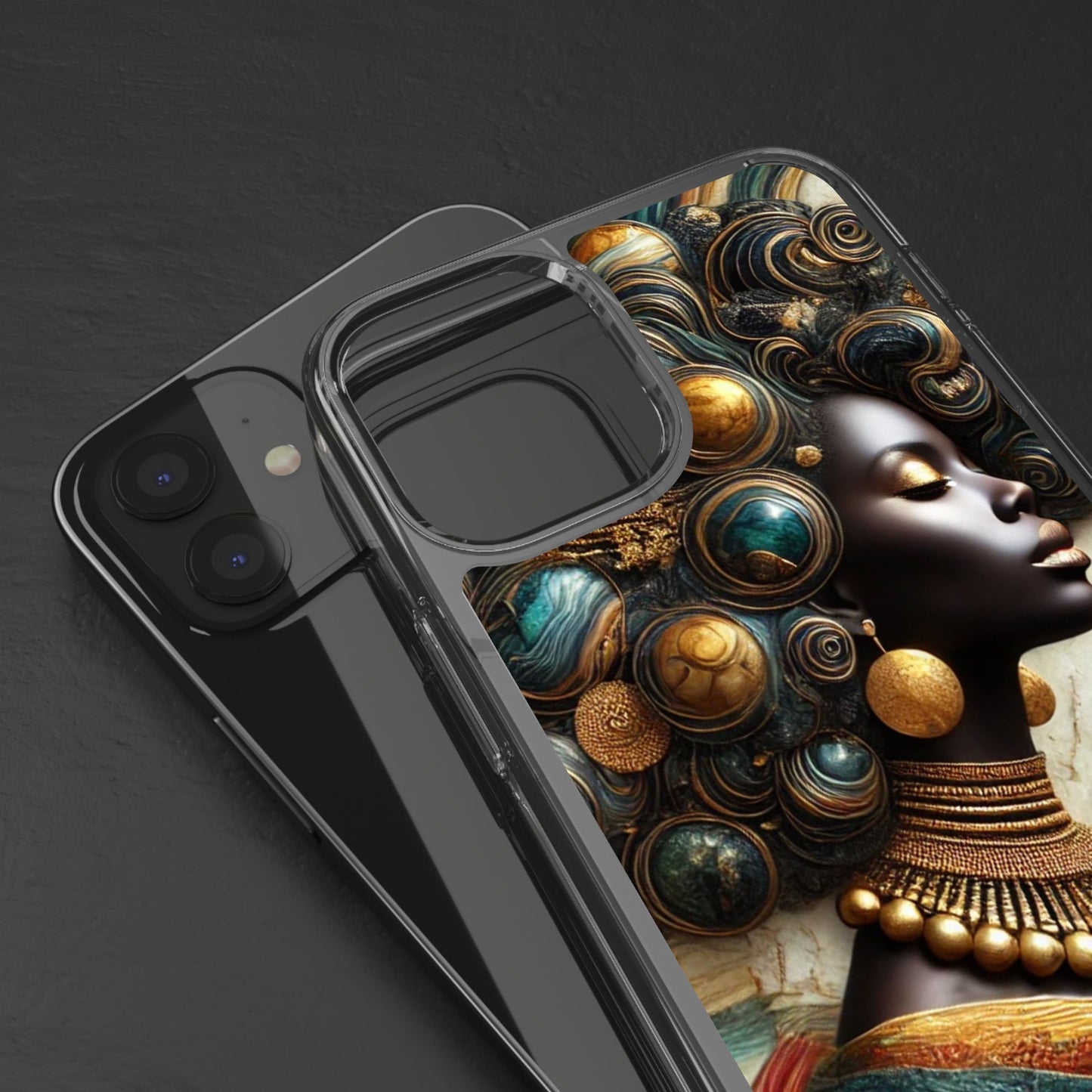 Majestic Queen Clear Phone Case – Afro Art Style with Gold & Teal Accents