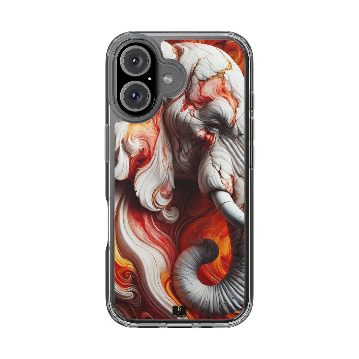 Fiery Marble Elephant Clear Phone Case – Bold Red & Orange Artistic Design for iPhone