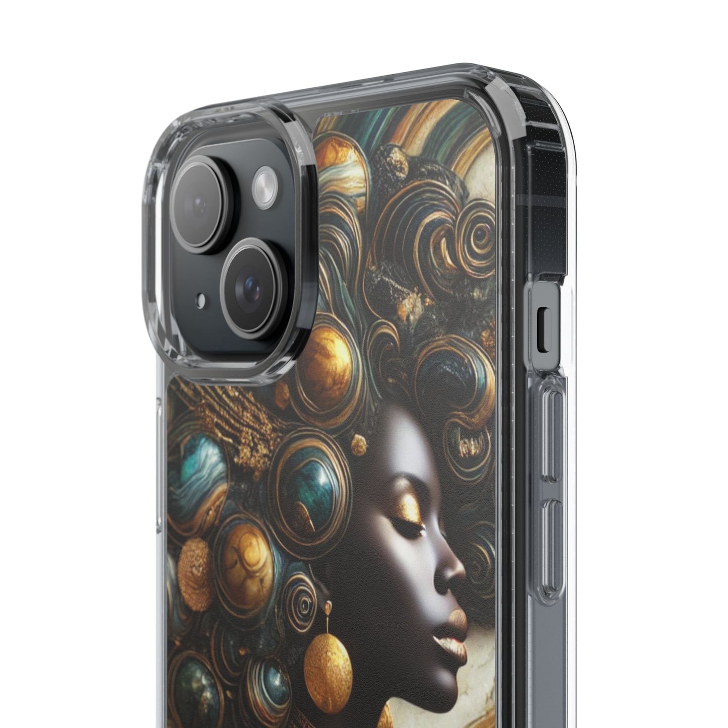 Majestic Queen Clear Phone Case – Afro Art Style with Gold & Teal Accents