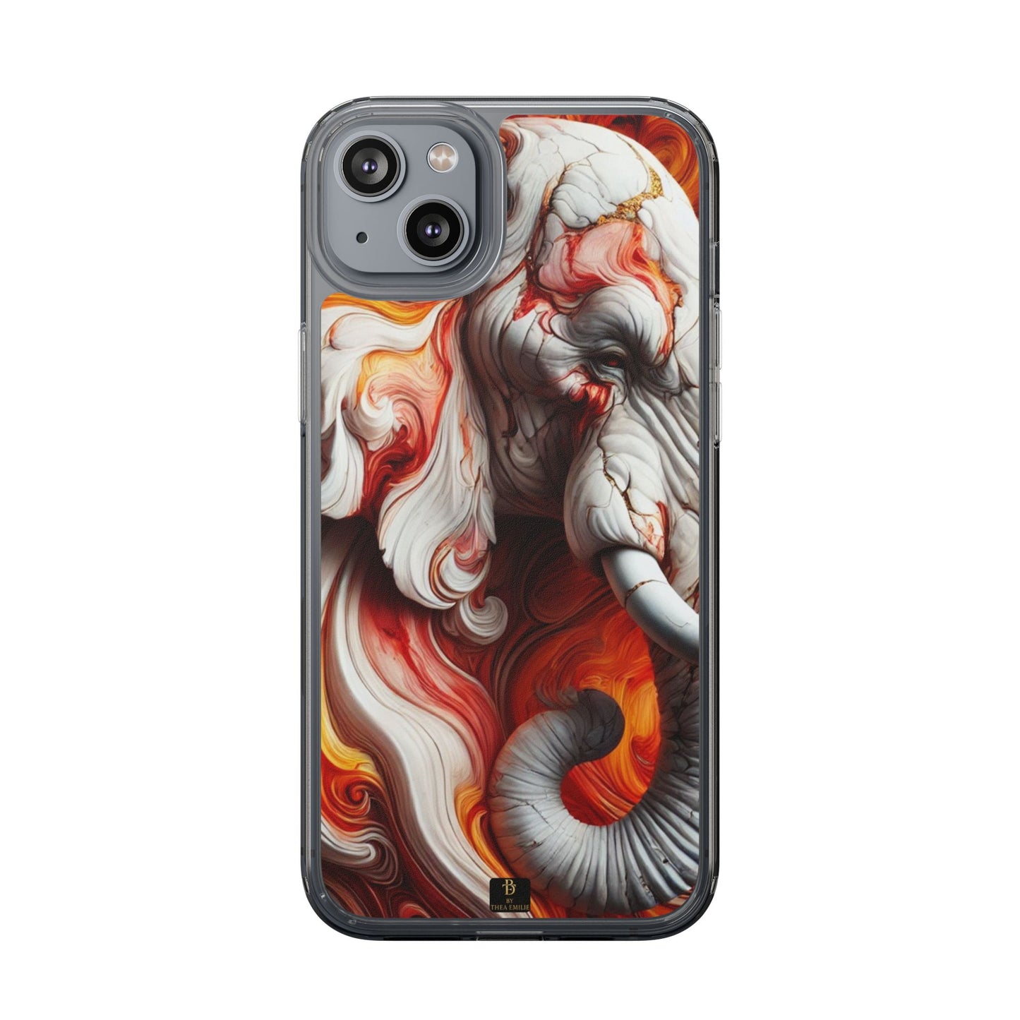 Fiery Marble Elephant Clear Phone Case – Bold Red & Orange Artistic Design for iPhone
