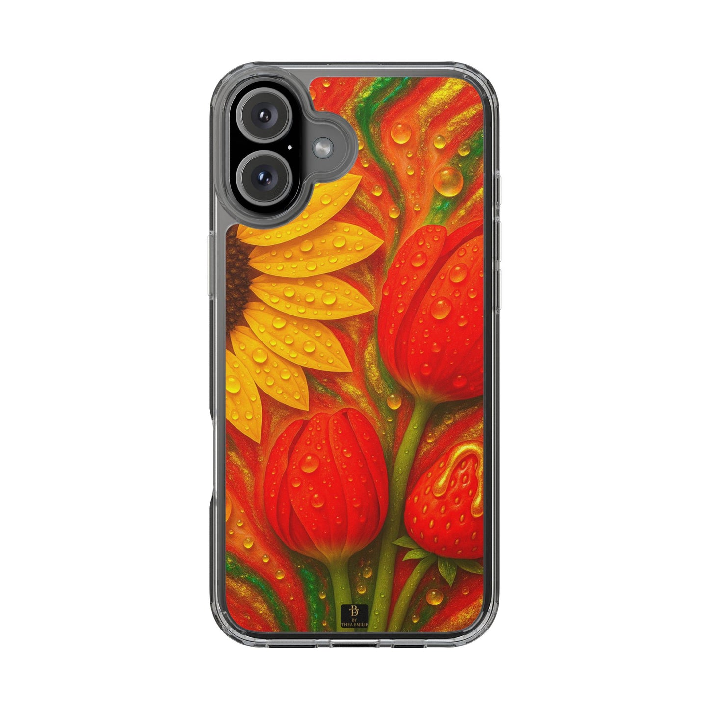 Sunflower Tulips Clear Phone Case - Red Green Gold Marble Design for iPhone