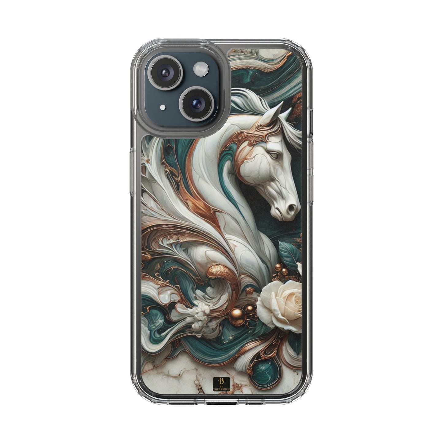 Artistic Horse Clear Phone Case – Teal & Bronze Marble Design with White Rose, Compatible with iPhone