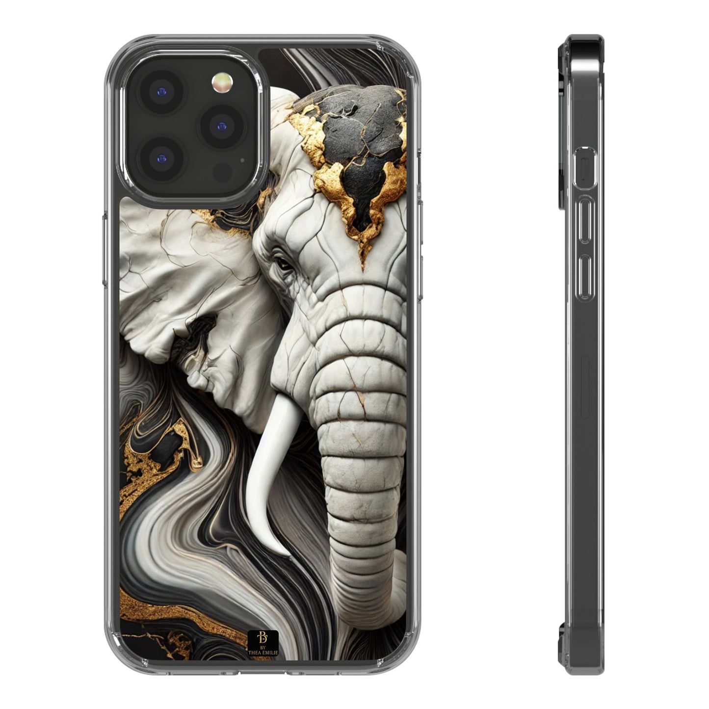 Artistic Elephant Clear Phone Case – Marble & Gold Wildlife Design for iPhone