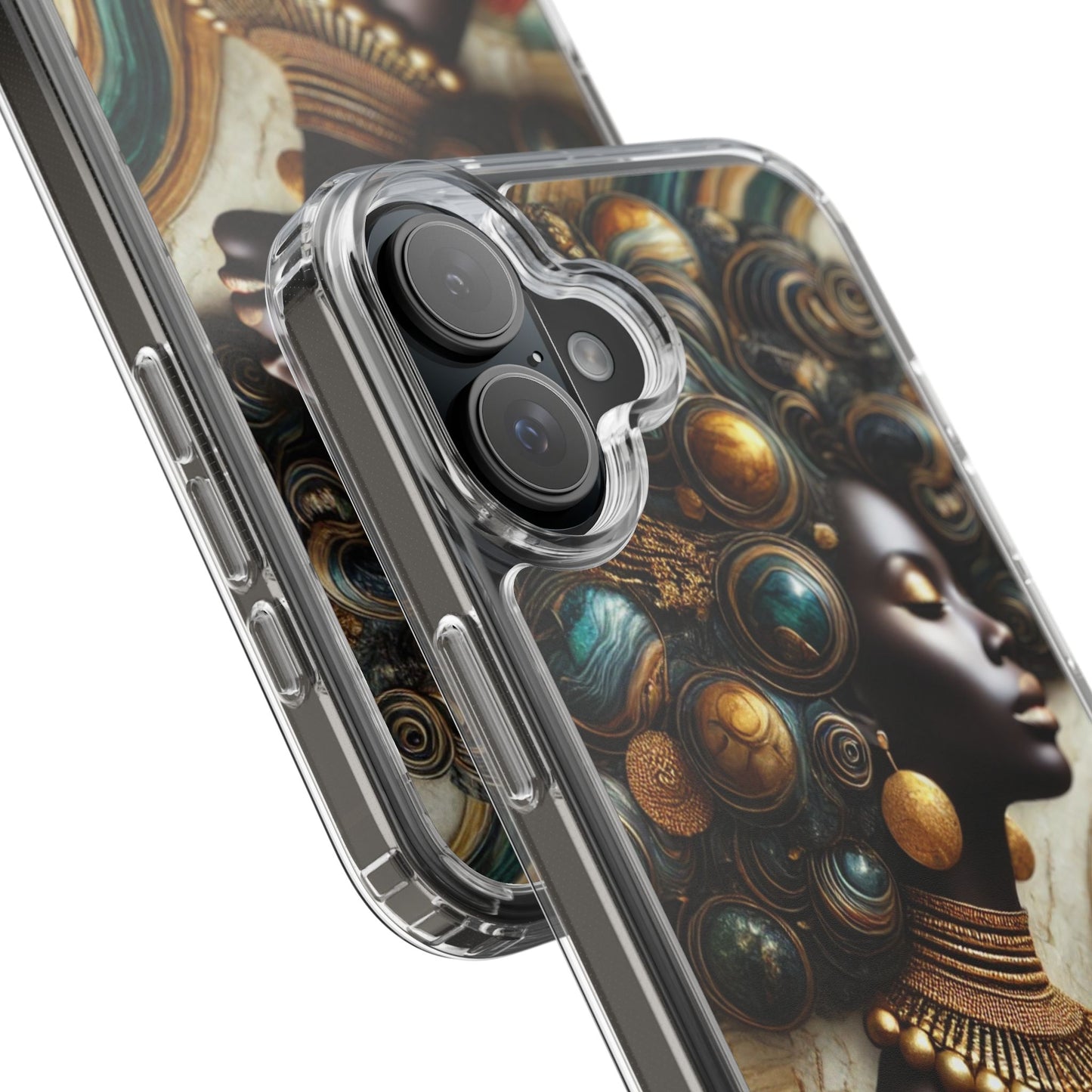 Majestic Queen Clear Phone Case – Afro Art Style with Gold & Teal Accents