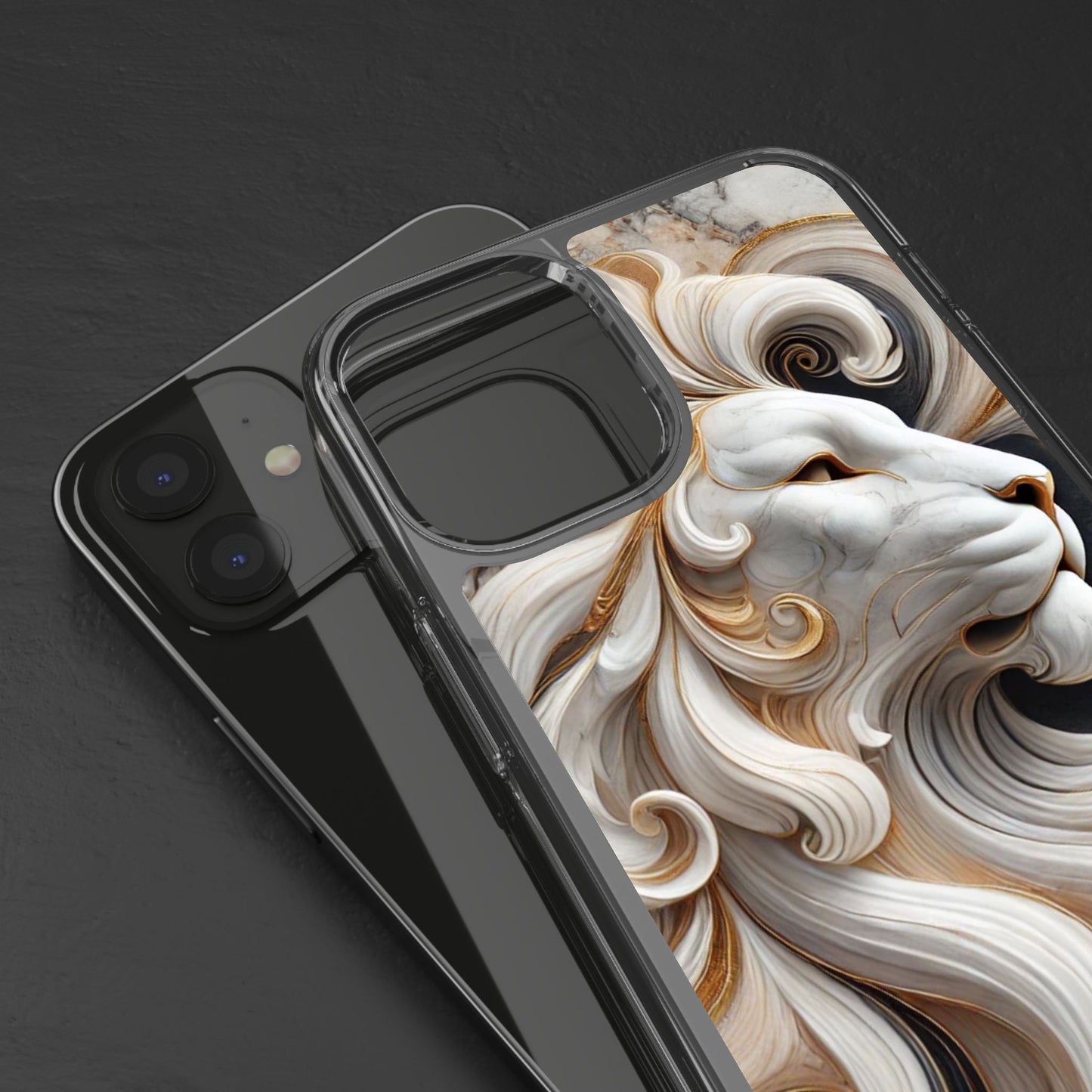 Artistic Lion Clear Phone Case – Marble Gold Design, Stylish Protection for iPhone