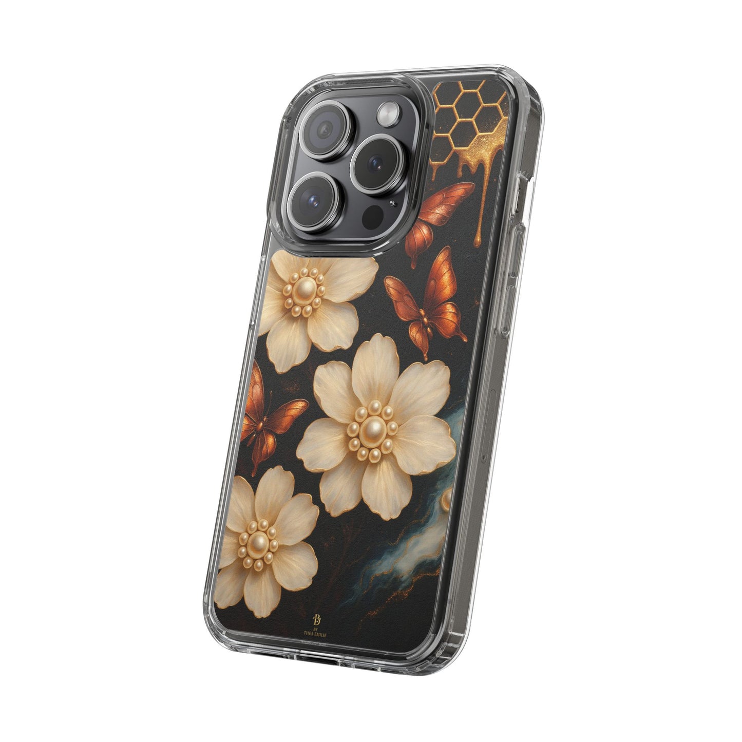 Golden Butterfly & Floral Clear Phone Case – Elegant Pearl & Honeycomb Design for iPhone