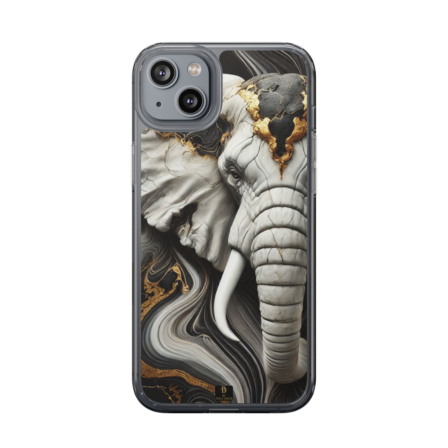 Artistic Elephant Clear Phone Case – Marble & Gold Wildlife Design for iPhone