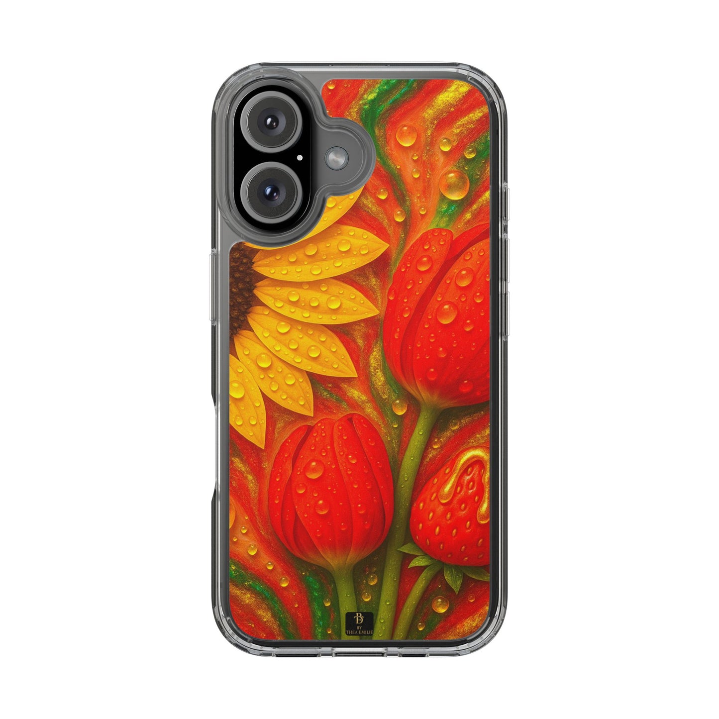Sunflower Tulips Clear Phone Case - Red Green Gold Marble Design for iPhone