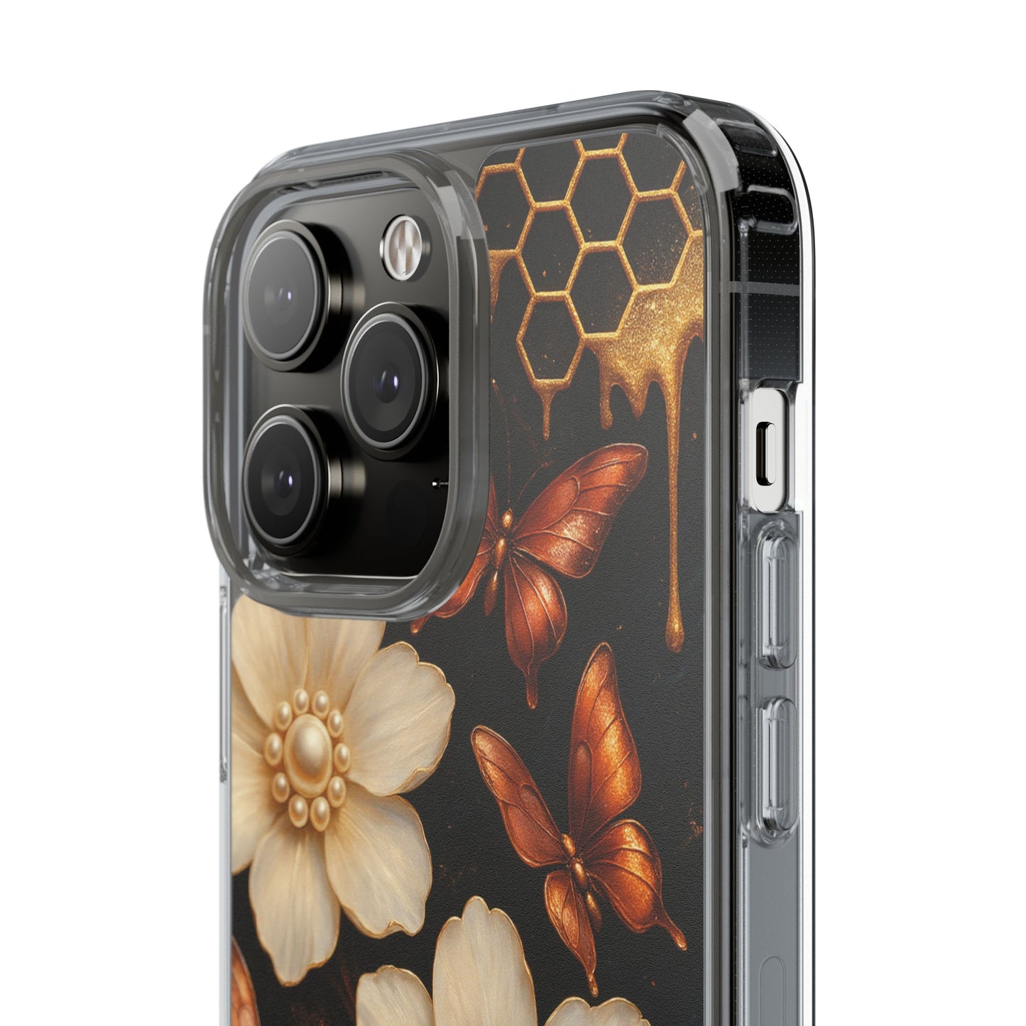 Golden Butterfly & Floral Clear Phone Case – Elegant Pearl & Honeycomb Design for iPhone