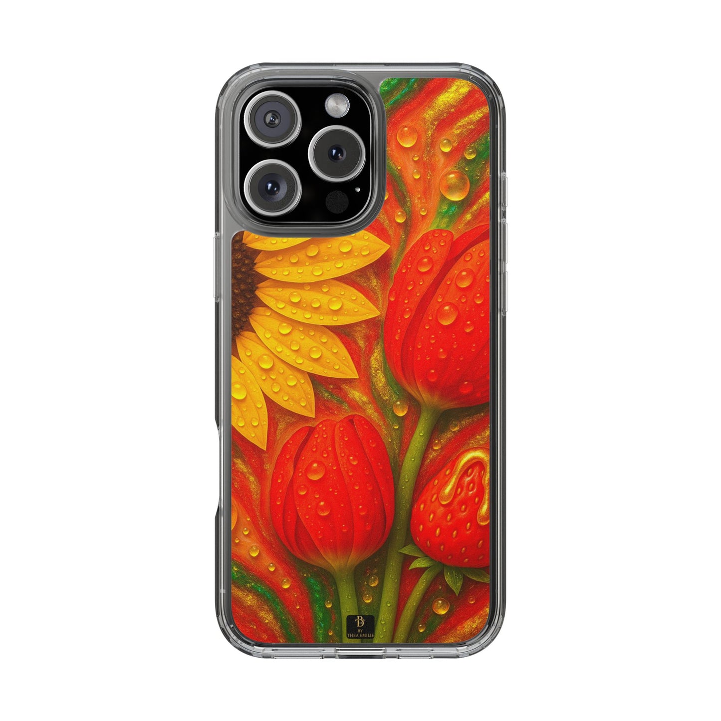 Sunflower Tulips Clear Phone Case - Red Green Gold Marble Design for iPhone