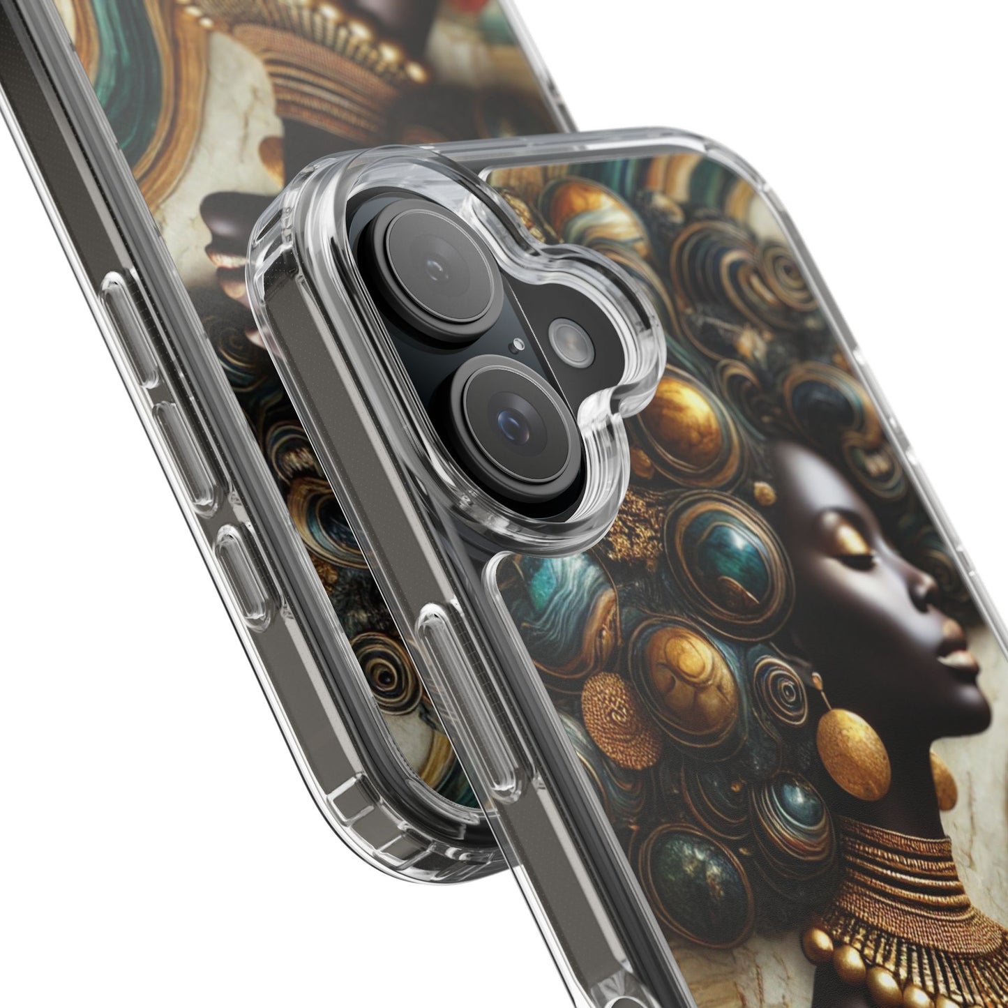 Majestic Queen Clear Phone Case – Afro Art Style with Gold & Teal Accents