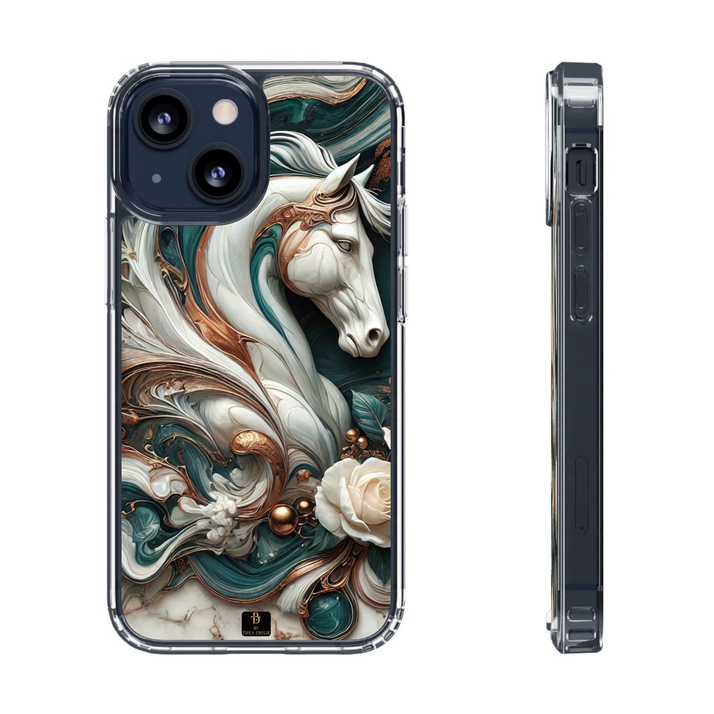 Artistic Horse Clear Phone Case – Teal & Bronze Marble Design with White Rose, Compatible with iPhone