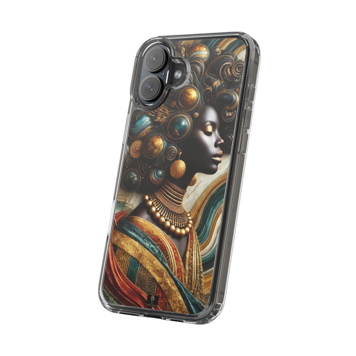 Majestic Queen Clear Phone Case – Afro Art Style with Gold & Teal Accents