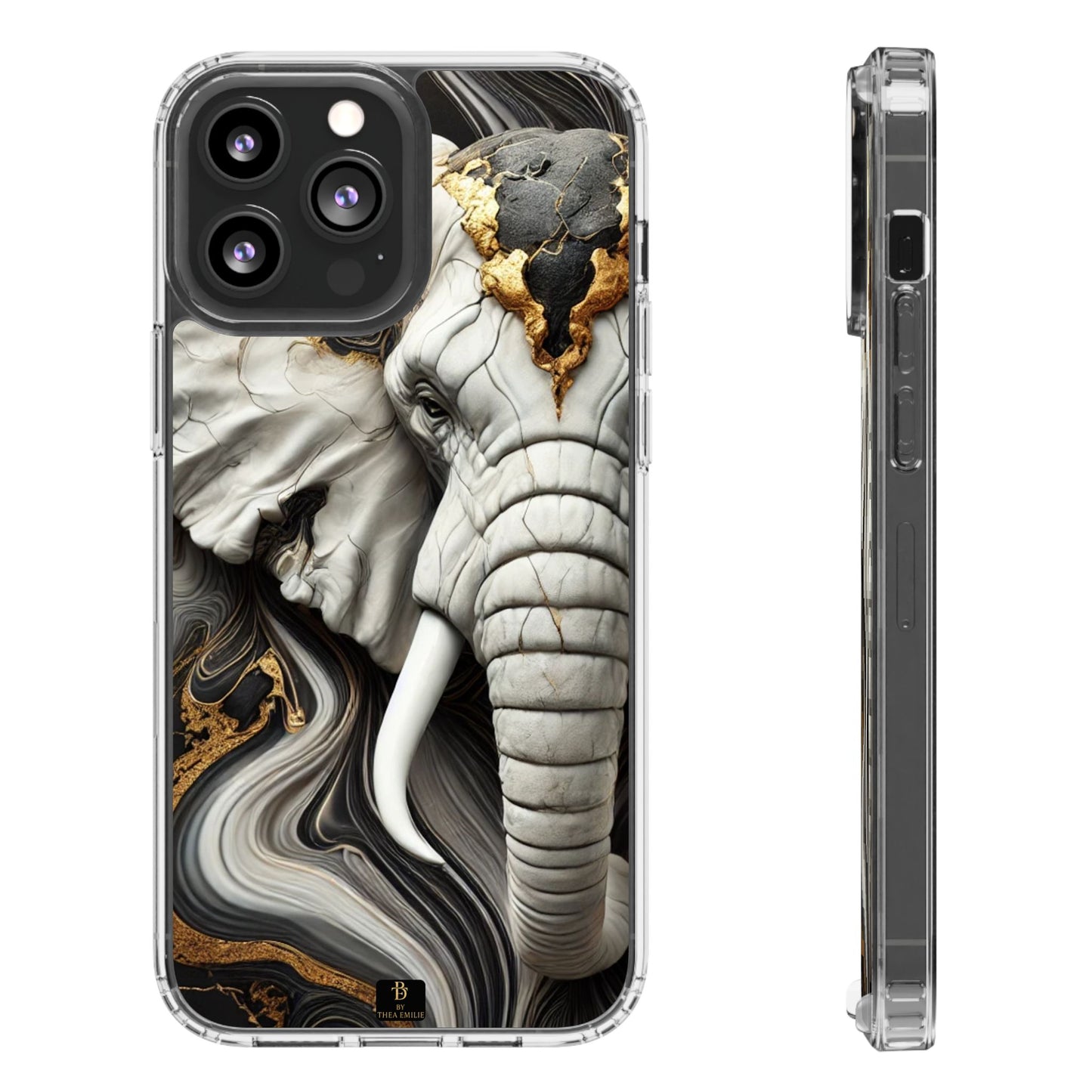 Artistic Elephant Clear Phone Case – Marble & Gold Wildlife Design for iPhone