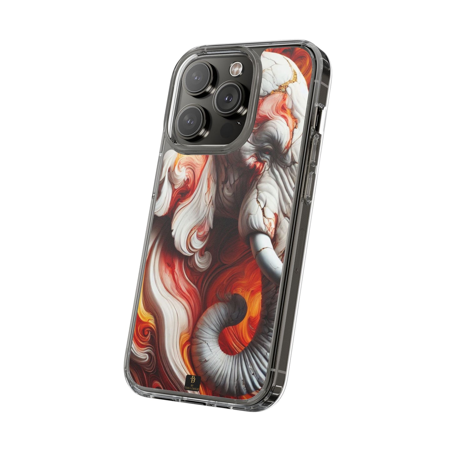 Fiery Marble Elephant Clear Phone Case – Bold Red & Orange Artistic Design for iPhone