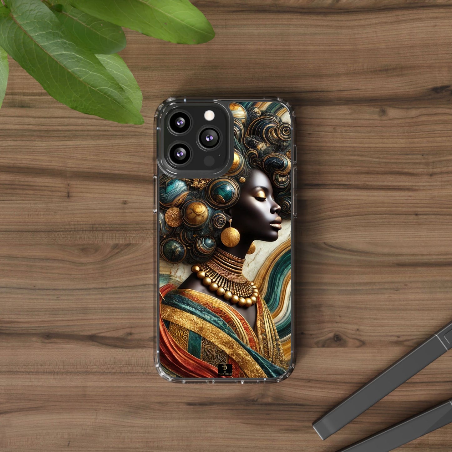 Majestic Queen Clear Phone Case – Afro Art Style with Gold & Teal Accents