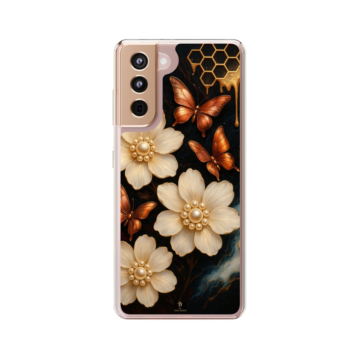 Golden Butterfly & Floral Clear Phone Case – Elegant Pearl & Honeycomb Design for iPhone