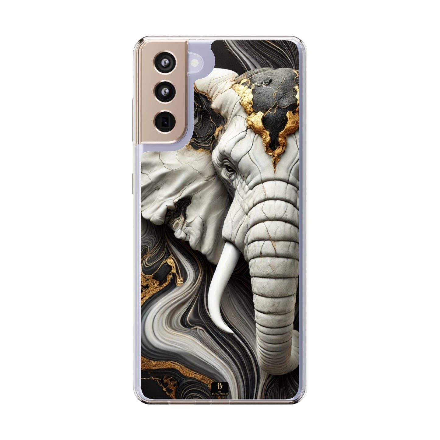 Artistic Elephant Clear Phone Case – Marble & Gold Wildlife Design for iPhone
