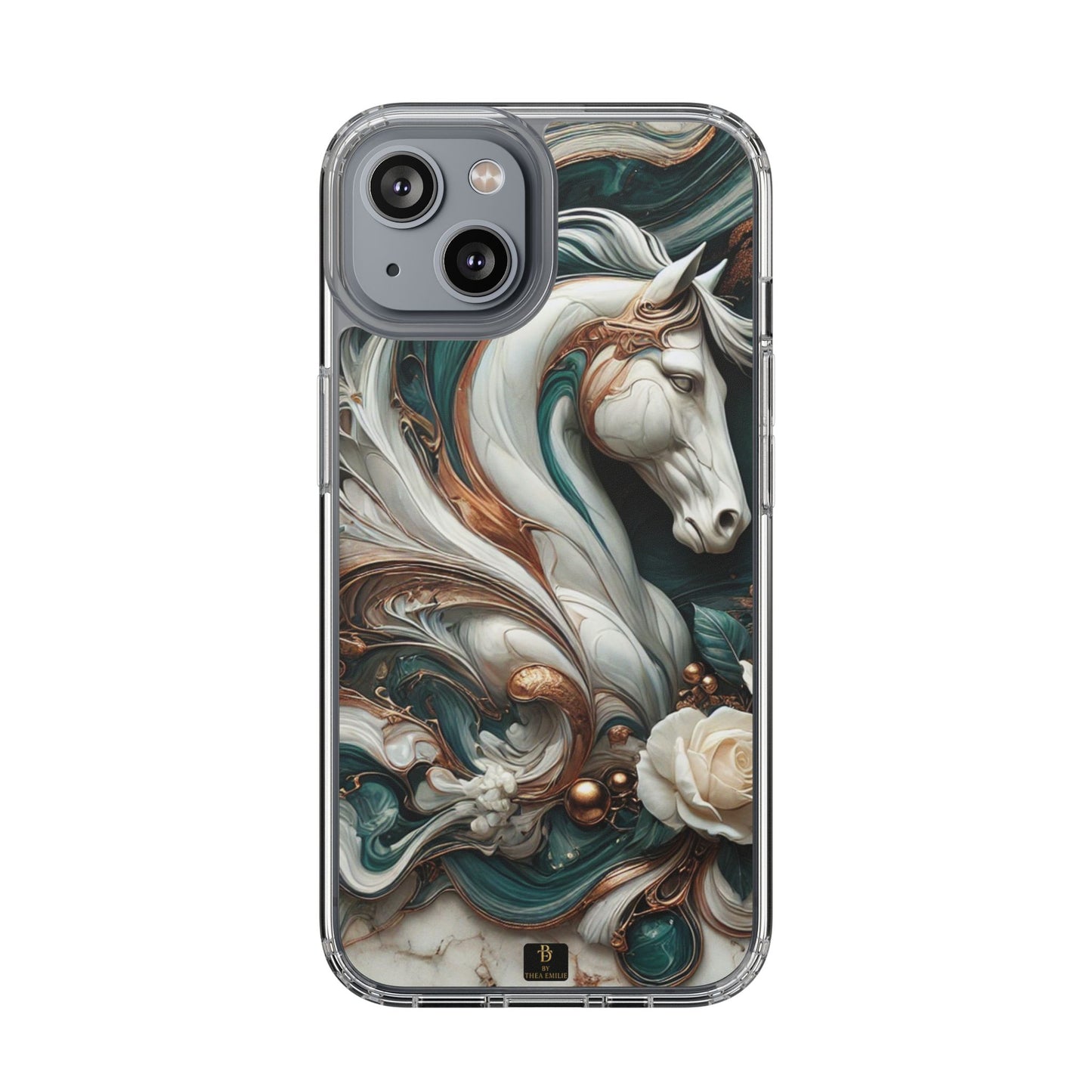 Artistic Horse Clear Phone Case – Teal & Bronze Marble Design with White Rose, Compatible with iPhone