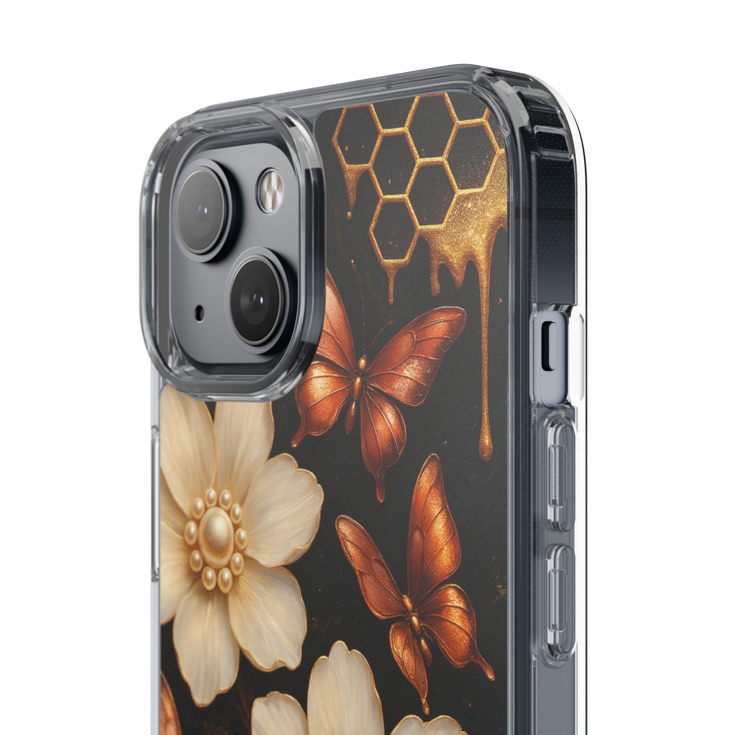 Golden Butterfly & Floral Clear Phone Case – Elegant Pearl & Honeycomb Design for iPhone