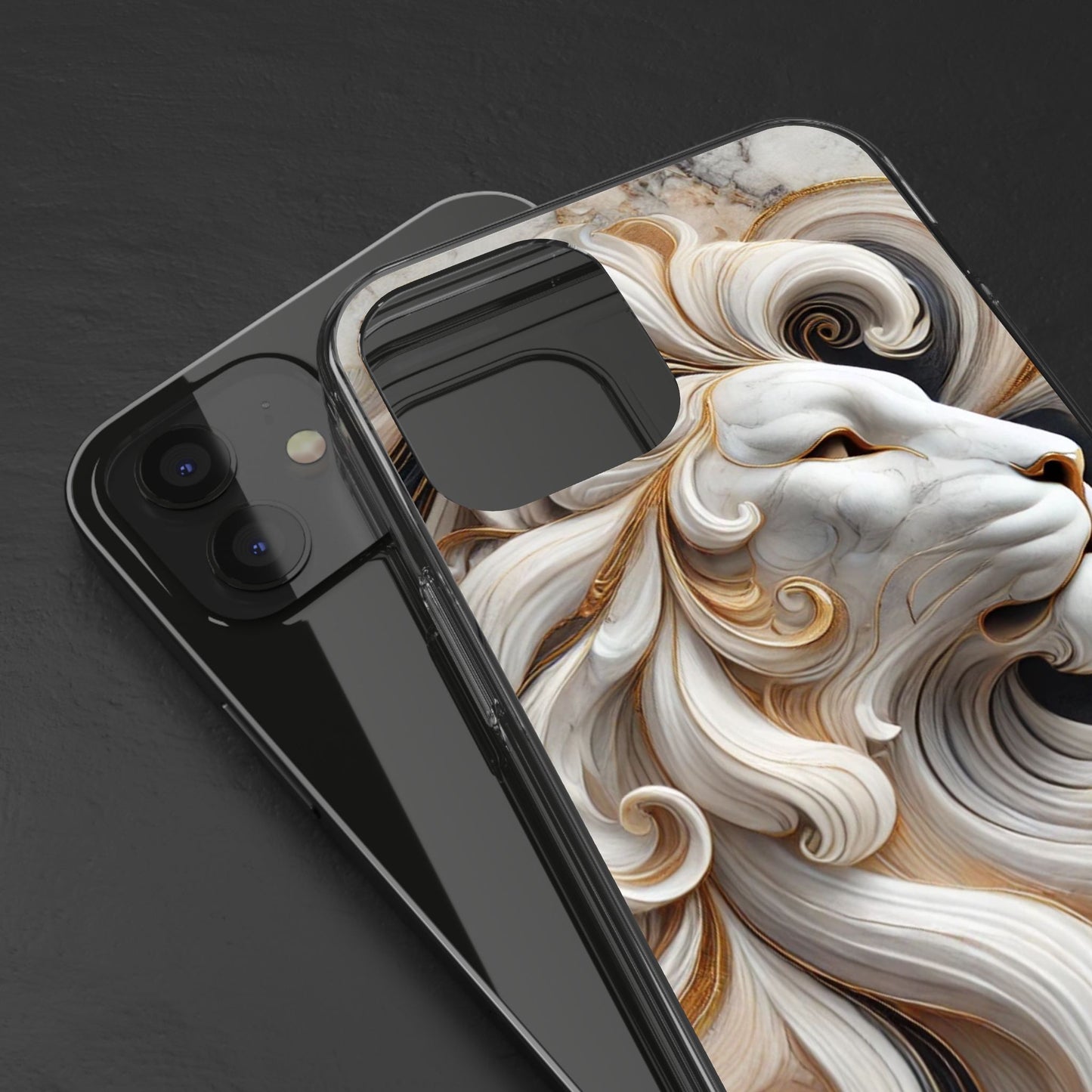 Artistic Lion Clear Phone Case – Marble Gold Design, Stylish Protection for iPhone