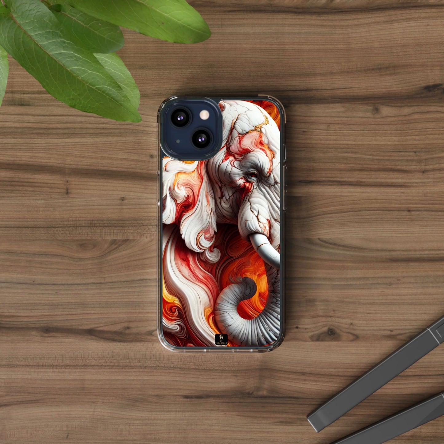 Fiery Marble Elephant Clear Phone Case – Bold Red & Orange Artistic Design for iPhone