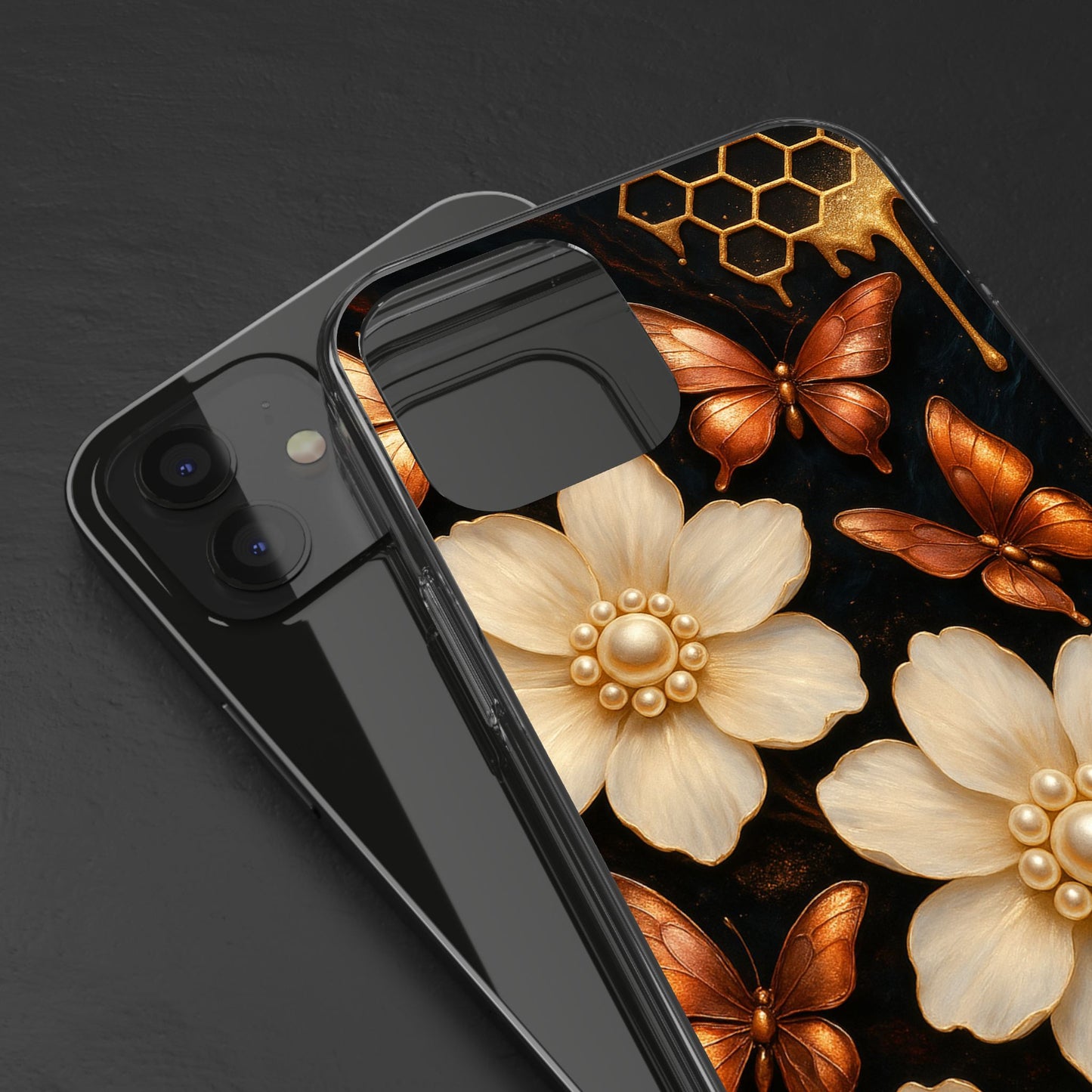 Golden Butterfly & Floral Clear Phone Case – Elegant Pearl & Honeycomb Design for iPhone